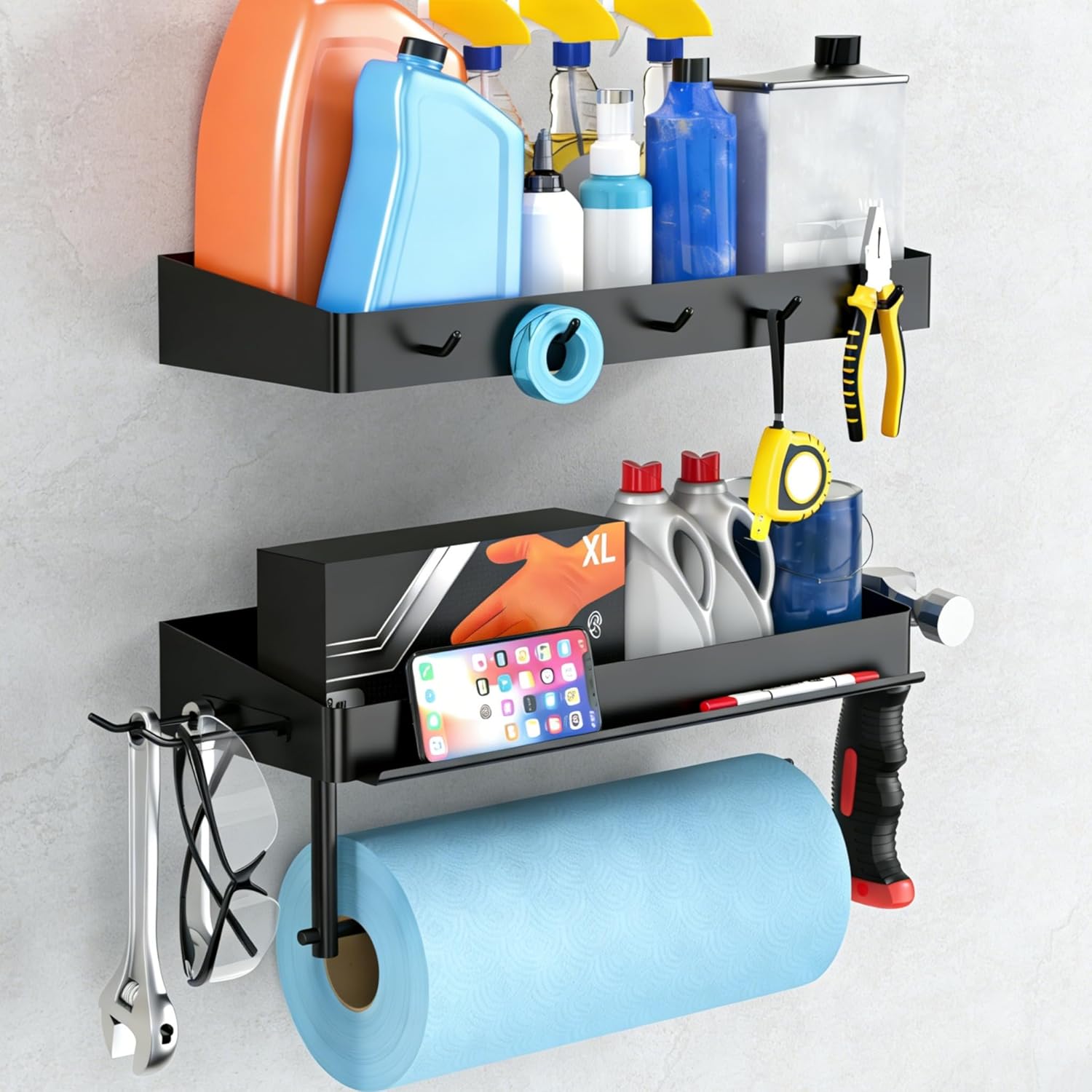 YIGII Heavy Duty Garage Paper Towel Holder with 2 Storage Shelves, Wall Mount Paper Towel Rack with Phone Holder & Hooks, Shop and Tool Room Organizer for Storage