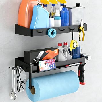 YIGII Heavy Duty Garage Paper Towel Holder with 2 Storage Shelves, Wall Mount Paper Towel Rack with Phone Holder & Hooks, Shop and Tool Room Organizer for Storage