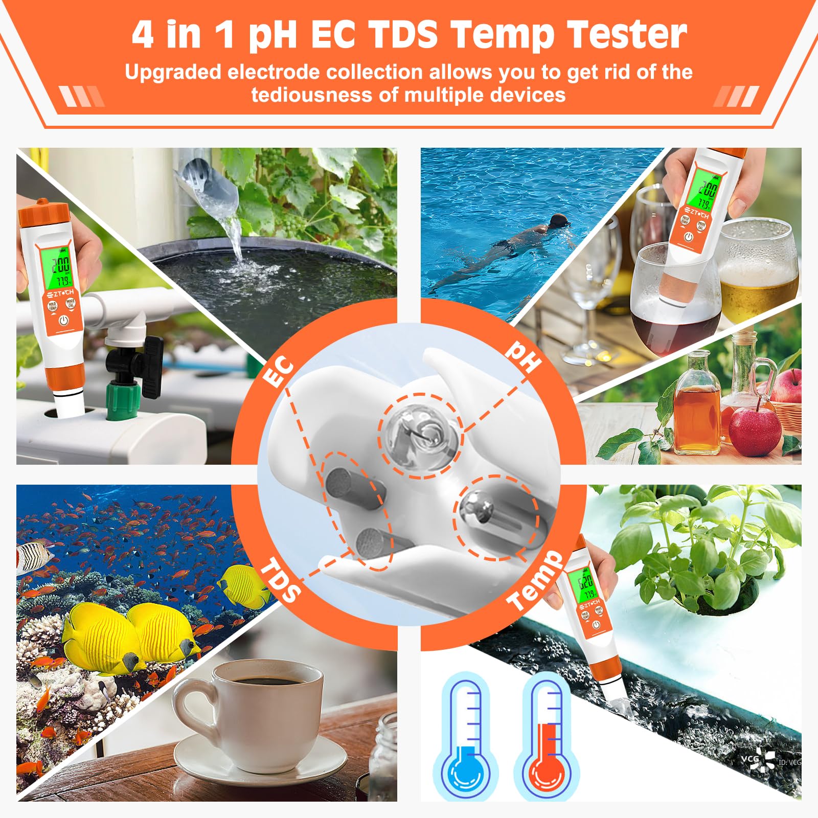 pH-Messgerät für Wasser, PPM EC Smart pH Meter für Hydroponisches Wasser, 4 in 1 pH Leitfähigkeit, PPM Temperaturmessgerät für Trinkwasser, Bier, Aquarium, Pool, Spa