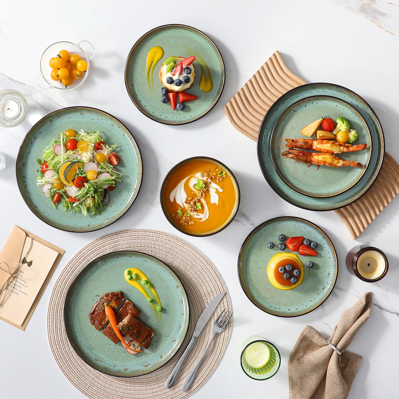 vancasso AMBER Servizio Piatti per 12 Persone, Set Piatti Moderni 36 Pezzi in Gres - 12 Piatti Piani, 12 Piatti Dessert e 12 Ciotole Cereali - Adatto per Lavastoviglie e Microonde - Smalto Verde