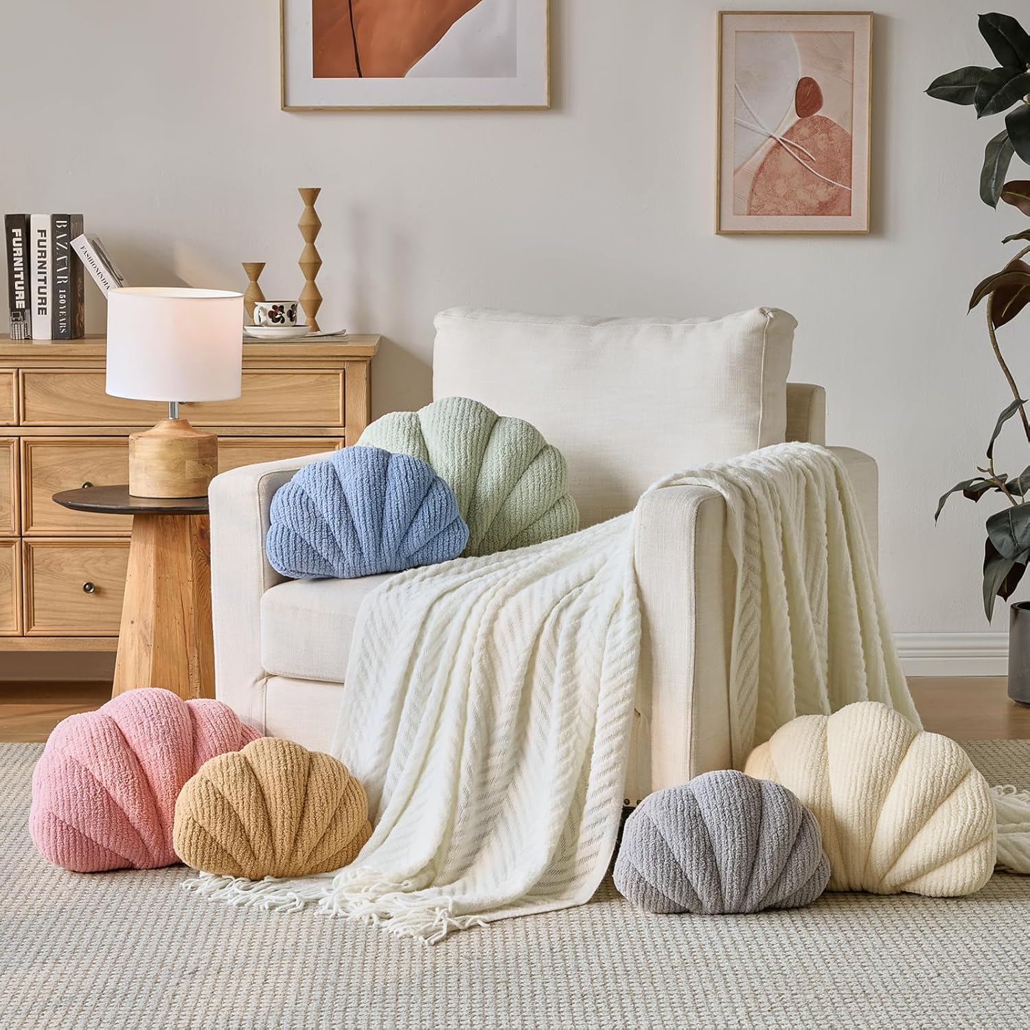 Shell Pillow, Soft Decorative Pillows for Bed Couch, Seashell Plush Throw Pillow Aesthetic Home Decor Cushion for Bedroom Living Room (Grey Blue, 18 X 13 Inches)