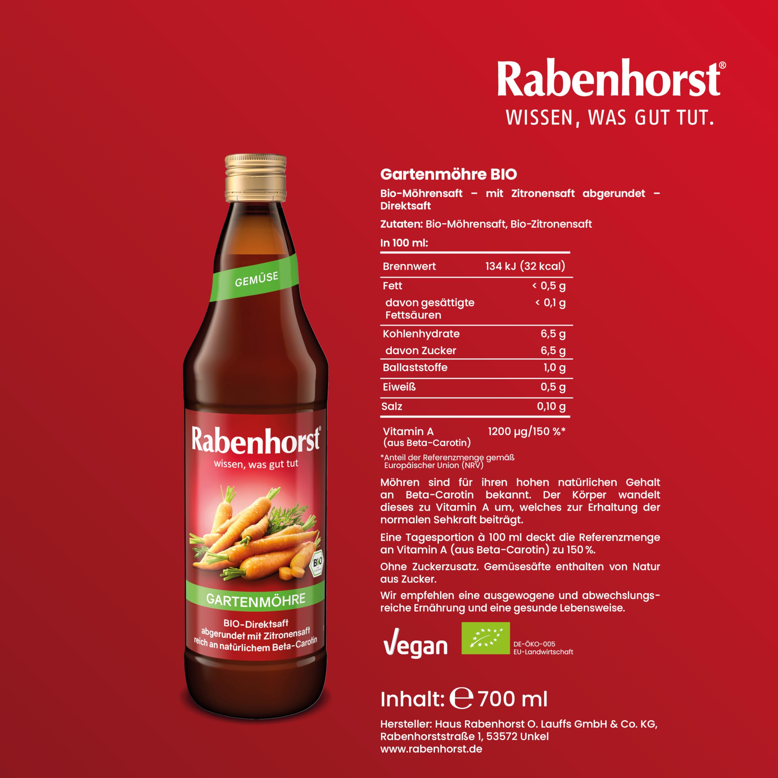 RABENHORST Gartenmöhre BIO 6er Pack (6 x 700 ml) - Hochwertiger Möhrensaft mit Zitronensaft abgerundet | Hochwertiger Möhrensaft mit Zitronensaft abgerundet