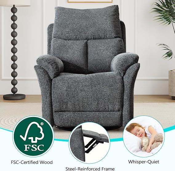 ANJ Swivel Rocker Glider Recliner, Manual Nursery Reclining Chair, Gray