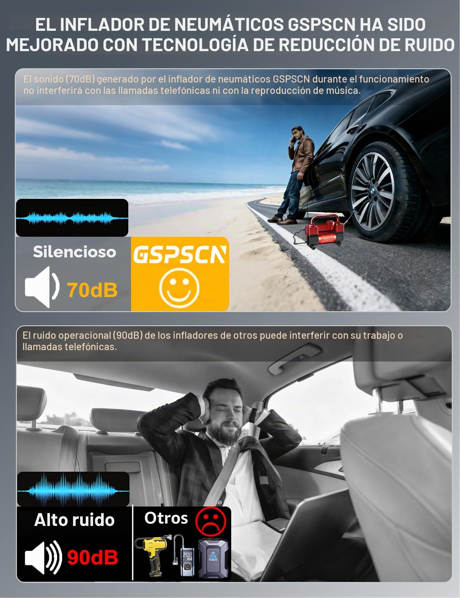 GSPSCN compresor de aire portátil de metal DC 12V，Hinchador Ruedas Coche de neumáticos rojo de doble cilindro de servicio pesado, Inflador Ruedas Coche, Bomba Eléctrico 150PSI con Luz LED