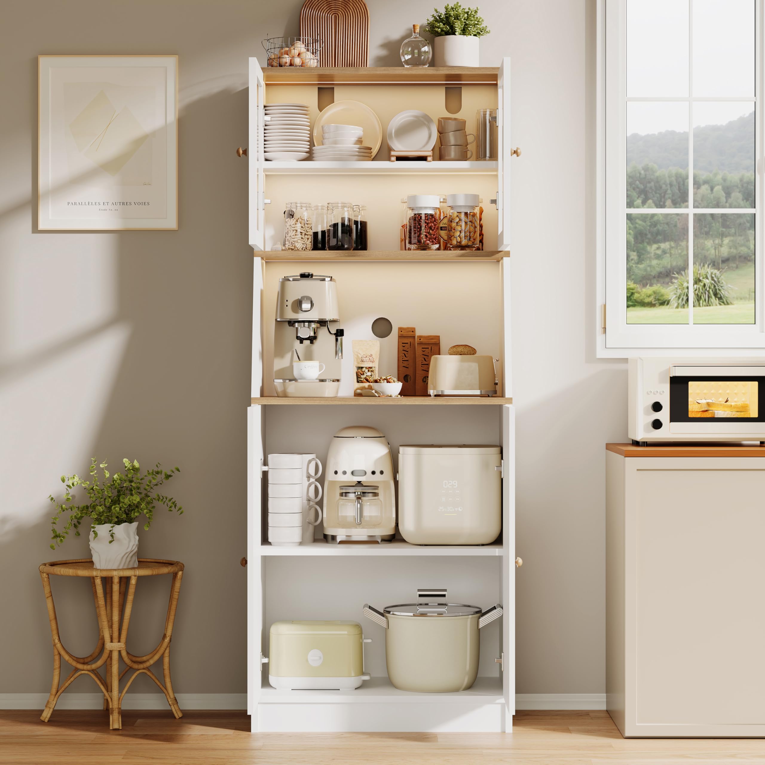 Aparador Alto de Cocina con LED, Armario de cocinaAlto con encimera, Armario de Cocina con estantes Ajustables y armarios gabinetes, aparadores Comedor, Vitrina para Comedor(Blanco)