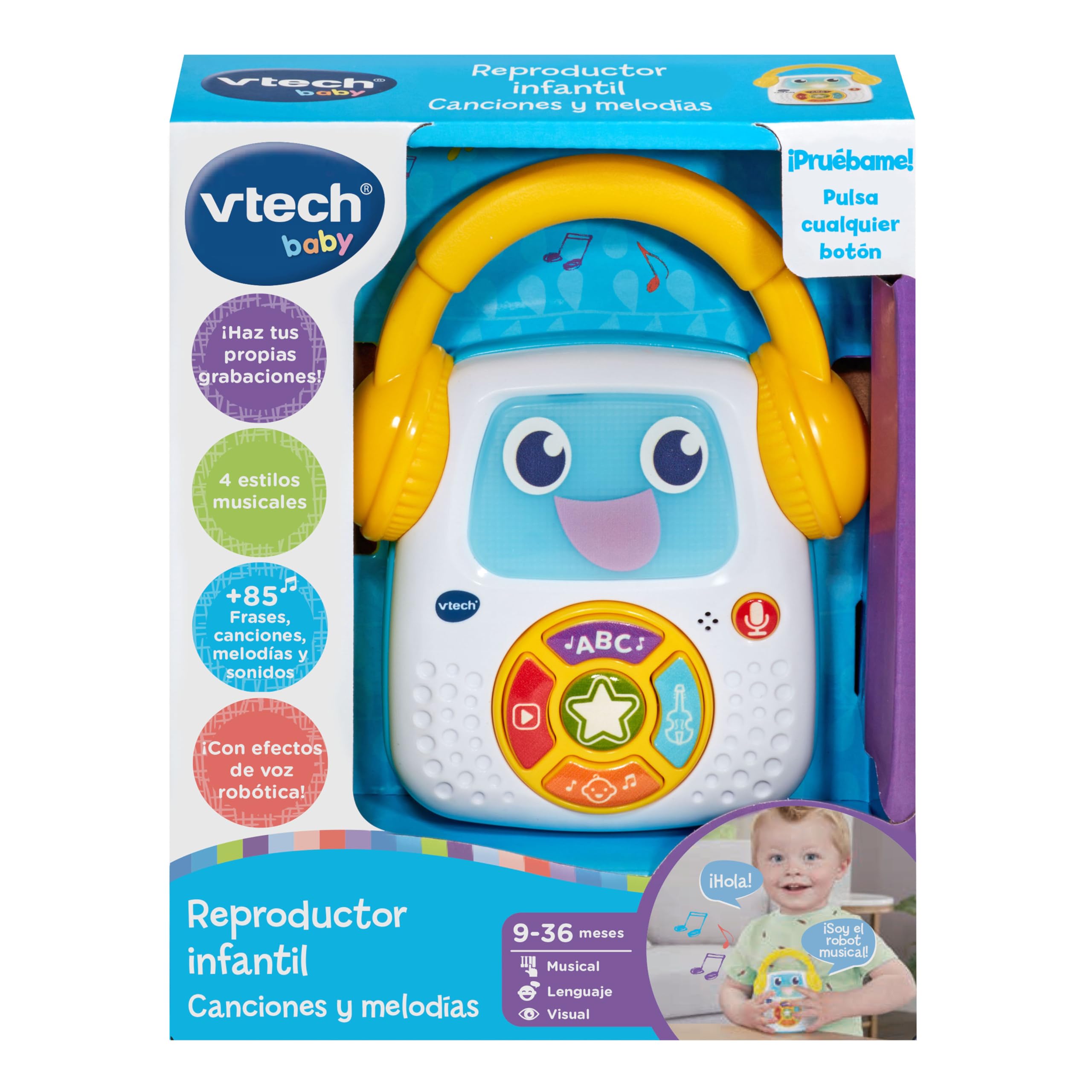 VTech Reproductor Infantil de Canciones y Melodías, con Grabadora de Voz y Luces Interactivas - Juguete Educativo en Español para Niños Pequeños, Control de Volumen y Asa para Llevar (80-607822)