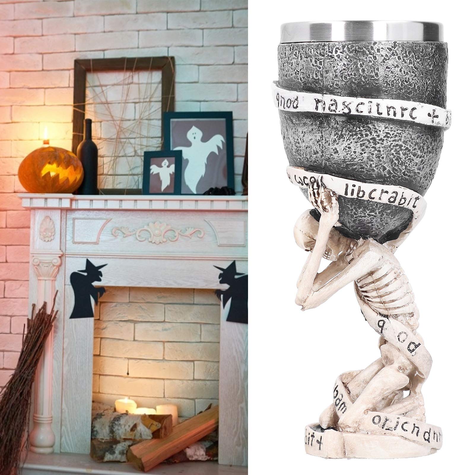 Medieval Double Skull Goblet,Skull Wine Chalice Cup,Resin Stainless Steel Skeletal Wine Goblet Party Bar Drinkware Decoration