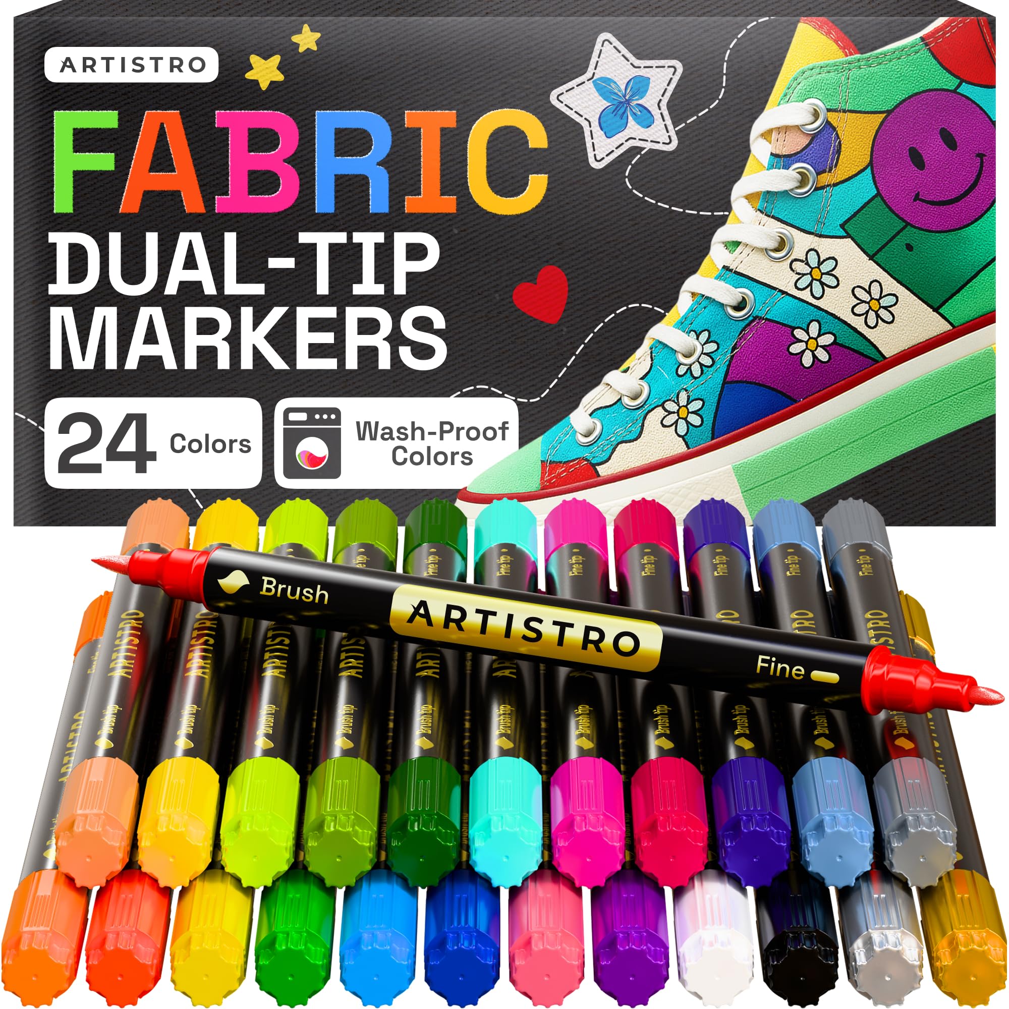 ARTISTRO 24 Dual-Tip Fabric Markers - Fabric Decorating Kit - Permanent for Clothes - Acrylic Paint Pens for Sneakers, Bags, Shoes, Textile, Canvas, Sewing, Craft, DIY - Brush and Fine Tip