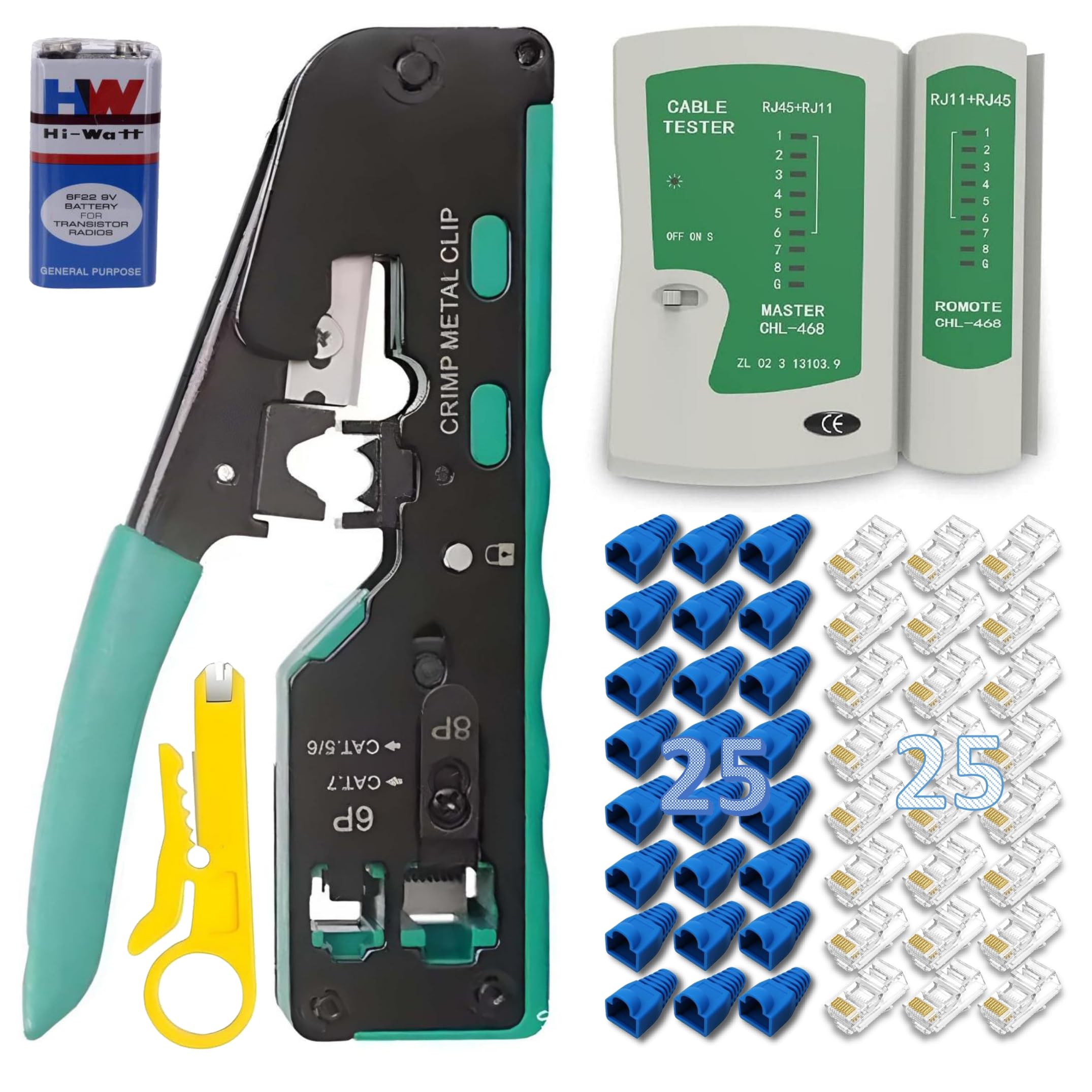 Crimping tool kit Compatible With Cat5 Cat5e Cat6 Cat6A Cat7 and RJ11 RJ12 STP/UTP With lan Tester, 25PCS Pass Through Connectors with Cap, Wire Stripper (Combo-6)-image-24