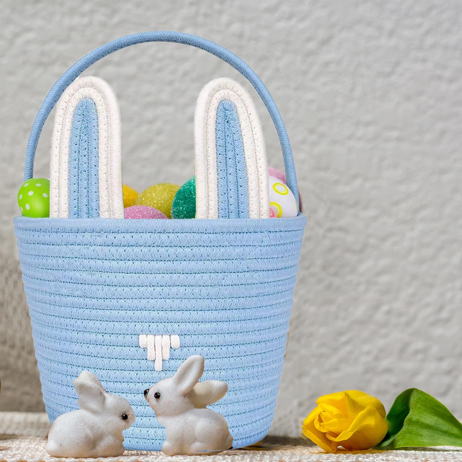 Poschnor Oster-Geschenkkorb leer mit Geschenktüten und Bändern, Osterhasenkorb, kleine gewebte Seilkörbe zum Organisieren, Korb zum Verschenken, Aufbewahrungskorb, Blau
