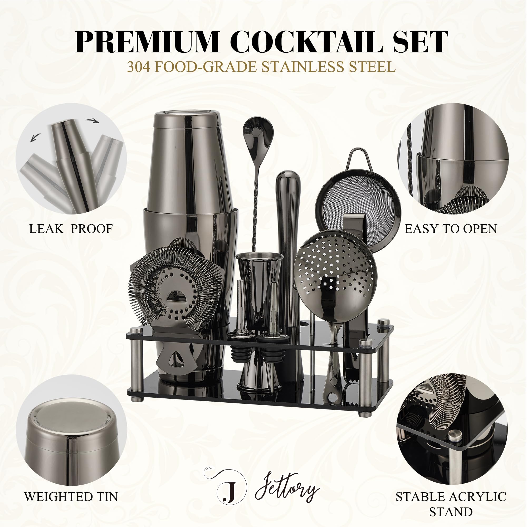 Boston - Juego de coctelera de acero inoxidable de 16 piezas con base acrílica, colador, pinzas para hielo, cuchara de bar, vaso medidor, mortero, vertedor de botellas y pinchos de cóctel
