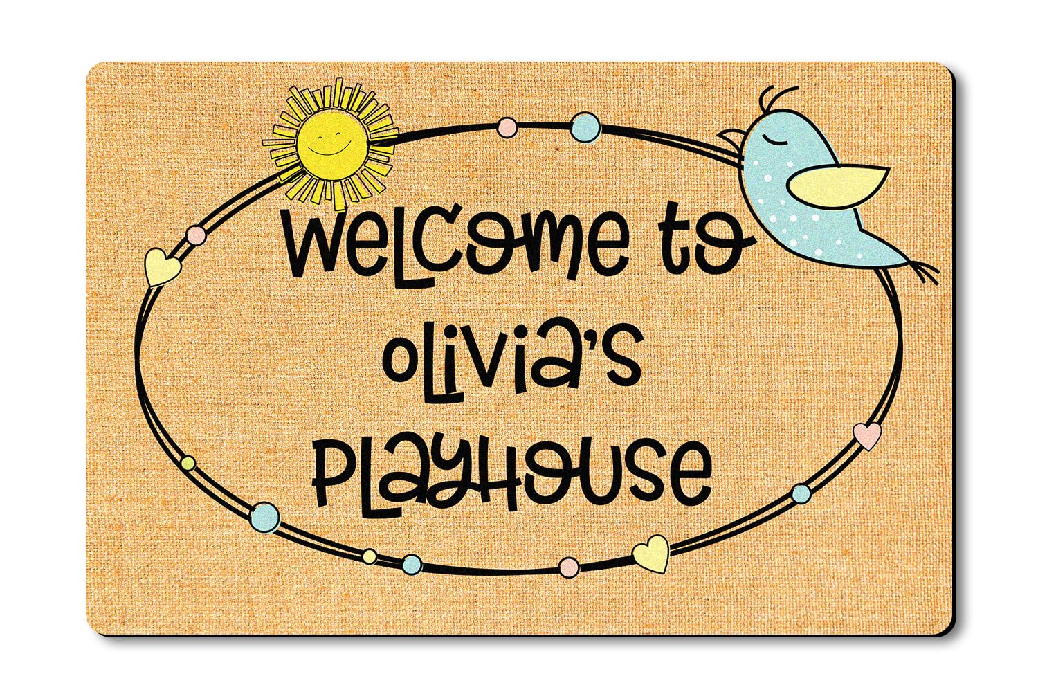 VOTANTA Personalized Playhouse Doormat Cute Sunshine Mat for Kids Girls Boys Custom Name Playhouse Sign Treehouse Yard Clubhouse Decor Kids Playground Welcome Door Mat Rug Indoor Outdoor 24