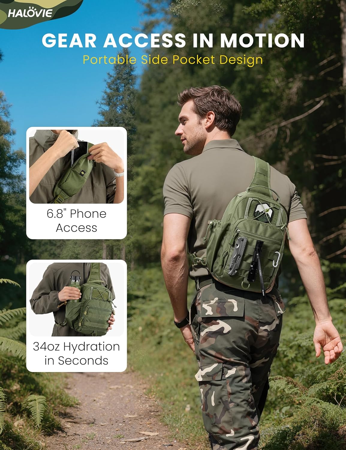 HALOVIE Anti-theft Tactical Sling Bag RFID ArmyGreen Military Shoulder Bag with Phone Pack EDC Molle Crossbody Bag for men - Image 6