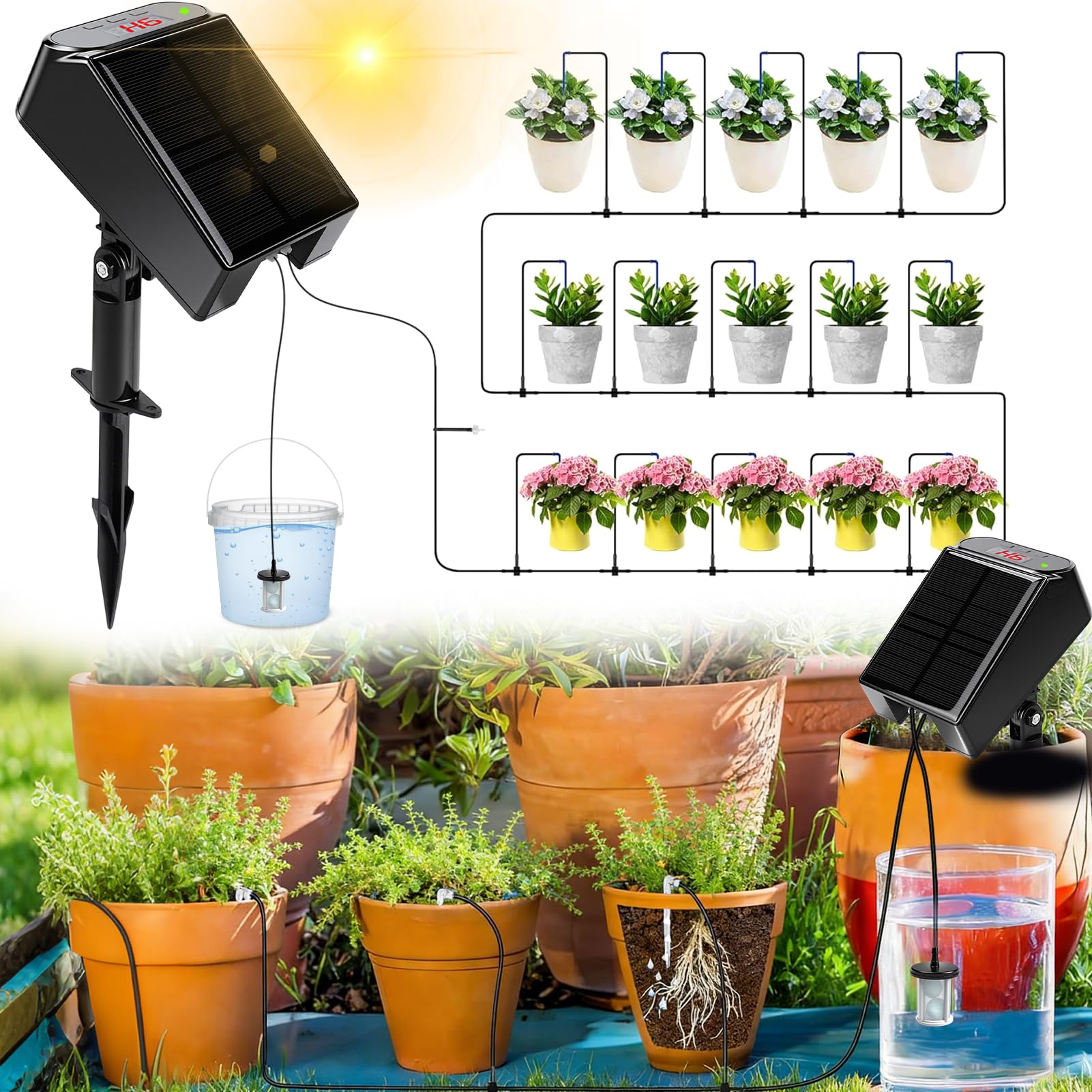 Nikou Solar Bewässerungssystem, Automatische Garten Tröpfchenbewässerung mit Timer, Wassersensor und 15M Schlauch, Selbstbewässerungsgeräte für Garten, Pflanzen, Kübelpflanzen im Freien