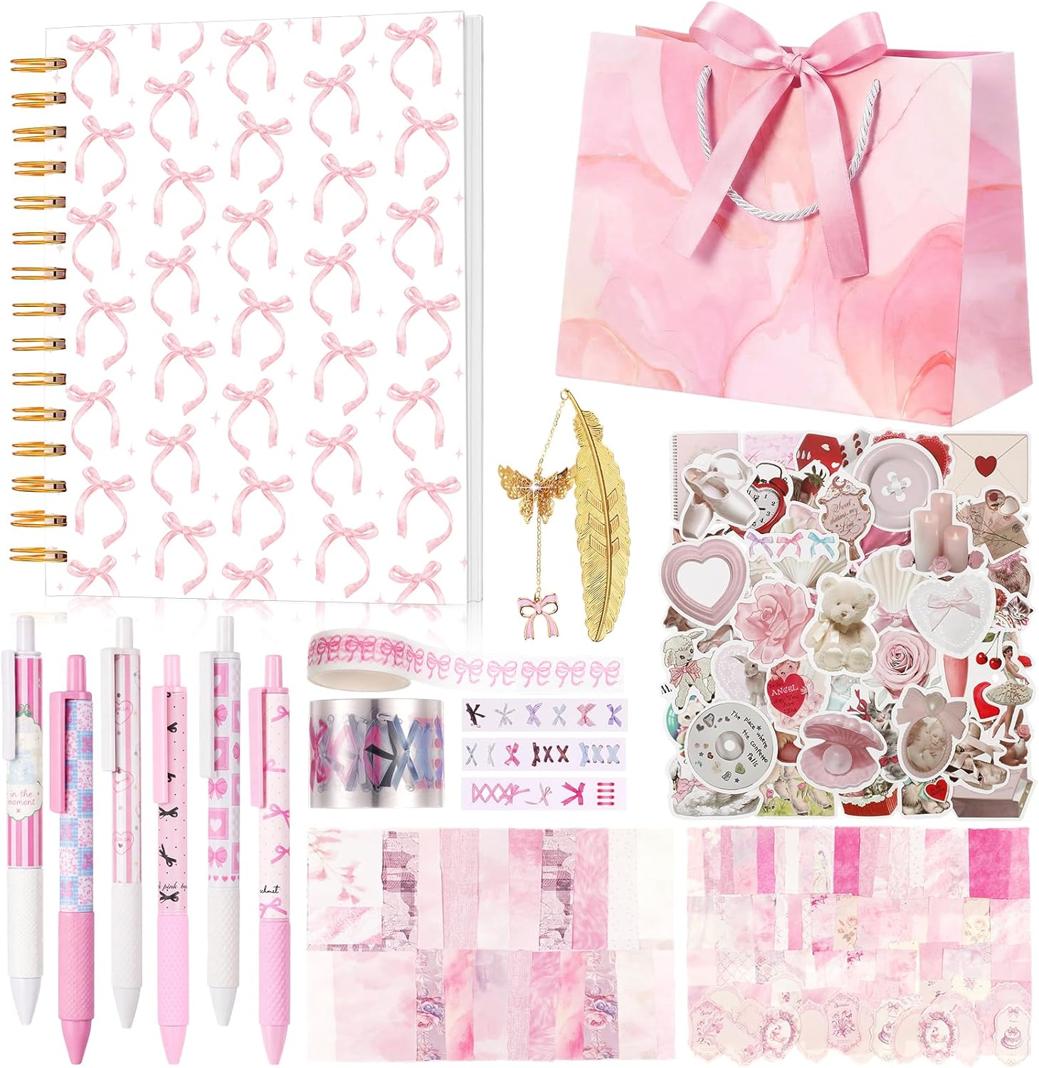 Tenceur DIY Journal Diary Pack Scrapbook Kit Stationery Diary Supplies Cute Pink Preppy Bow Coquette Notebook Journal Art Crafts Kit for Birthday Holidays Ideal Gifts for Women Teen Girls
