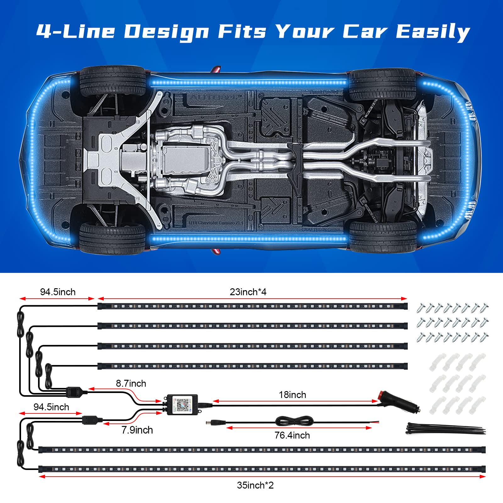LIGHEID Tira de luces LED para exteriores de coche,luces RGB de neón universales con modo de música,kit de luces multicolor impermeables para debajo de la carrocería,control inalámbrico de aplicación