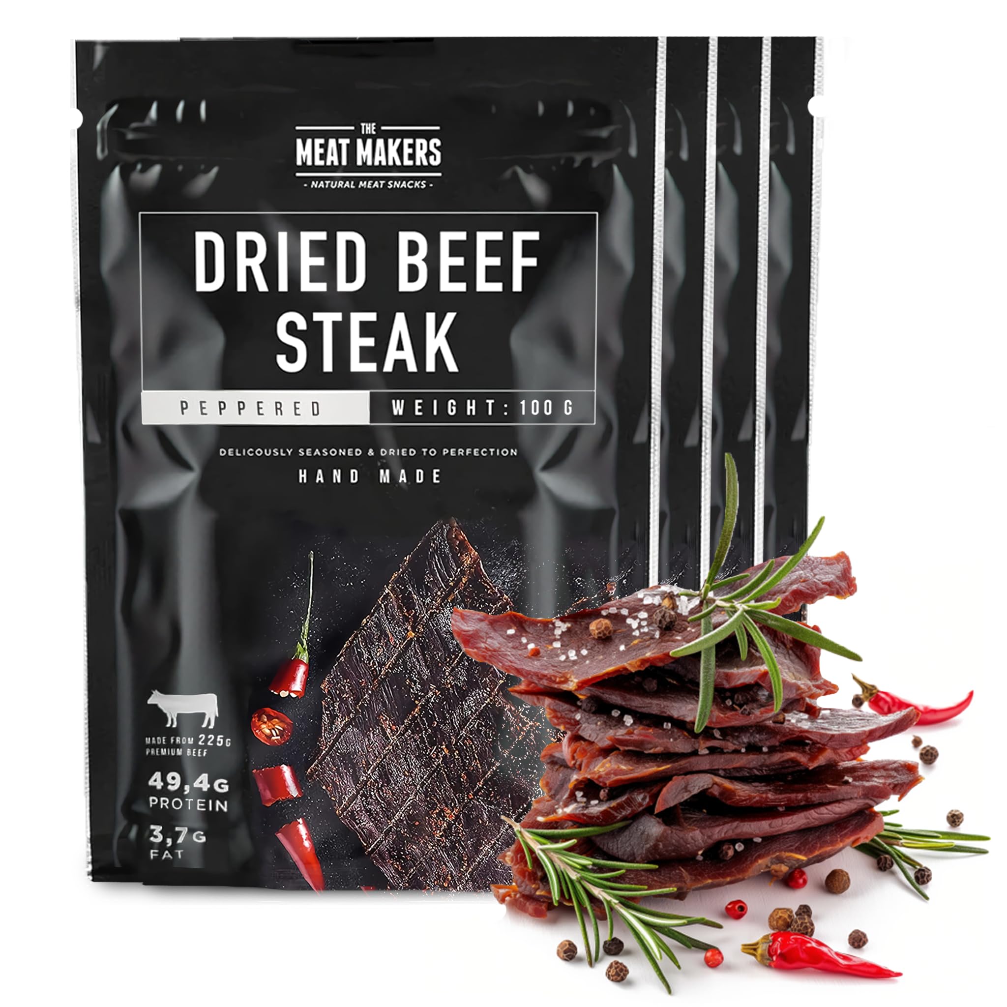 The Meat Makers Peppered Dried Beef Jerky Steak (400g) - Bistec de cecina de vaca seca, Cecina de Vaca, Carne Seca, Snack de Carne, Alto en Proteínas, Bajo en Calorías. Carne seca para personas.