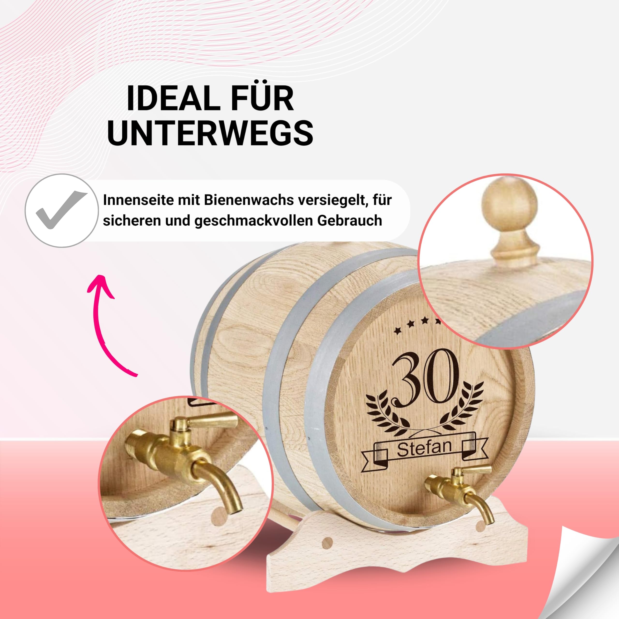 Tonneau en bois personnalisé de 3 litres avec robinet en laiton – Cadeau de Noël pour papa – Idée cadeau amusante pour homme – Petit tonneau en chêne pour rhum, whisky ou vin (motif Geb)