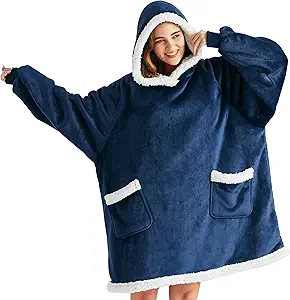 Bedsure Blanket Hoodie, Wearable Blanket for Adults & Kids as Gifts for Women Men, Birthday Gifts for Women Mom Girl Sherpa Oversized Hoodie, Navy, Small