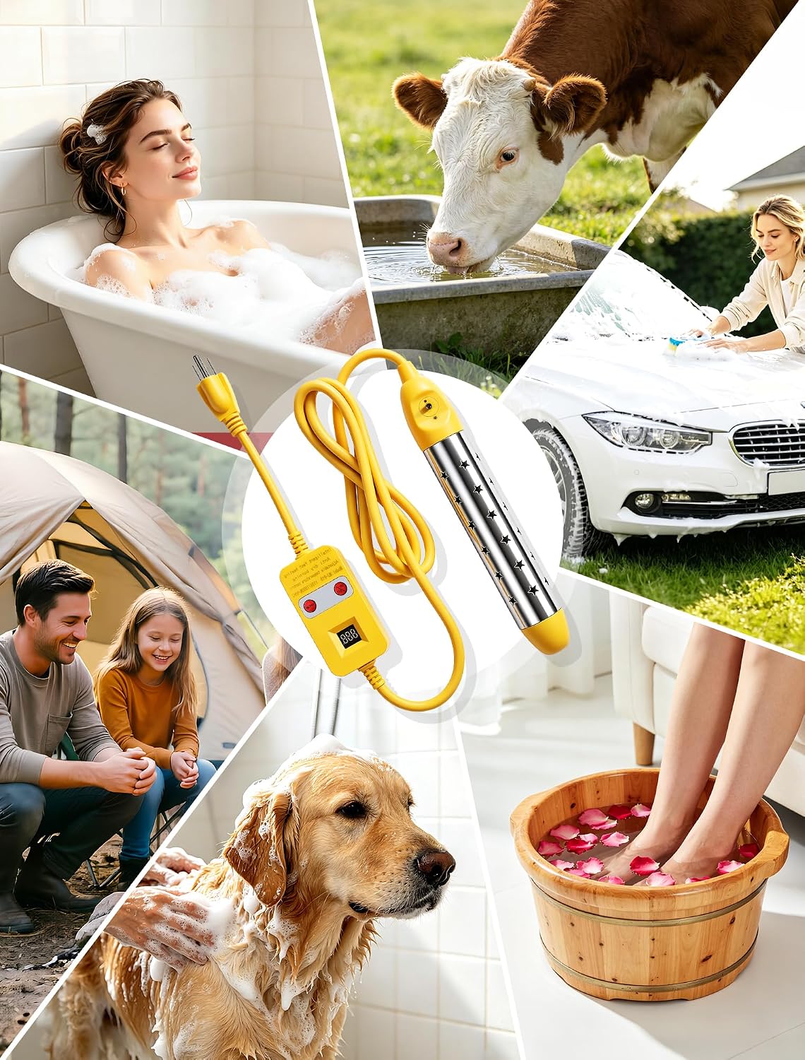 Portable Immersion Water Heater Electric - 1500W Fast Heating Bucket Heater, Temp Display, Anti-Dry Burn Protection, for Bathtub, Camping, Home& Emergency Use