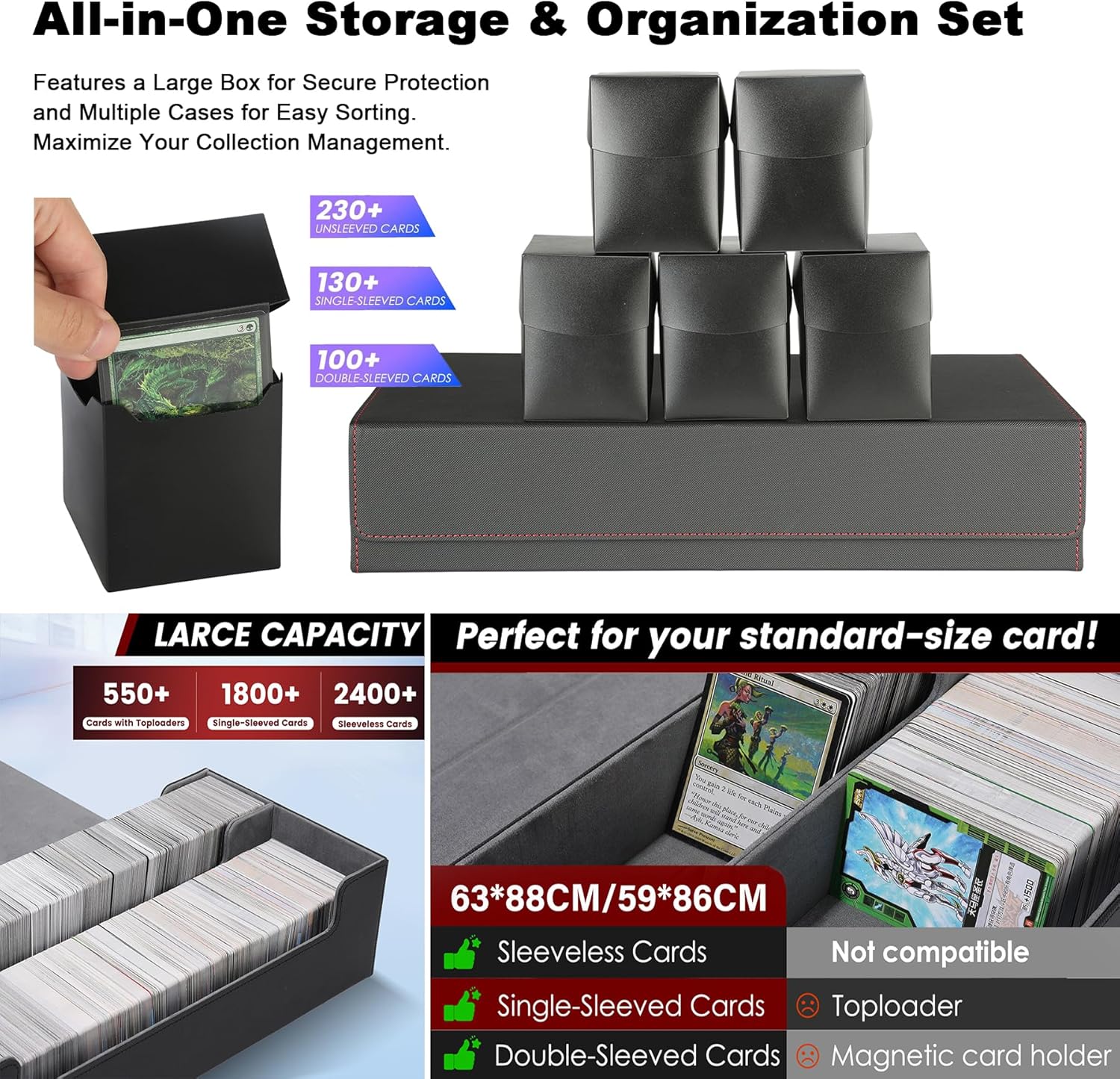 XXL TCG Card Storage Box with 5 100+ Deck Boxes – Holds 1800+ Double-Sleeved Cards – PU Leather MTG/YuGiOh/Tcg Collector Case – Strong Magnetic Clasps (6-in-1 - Black/Red)