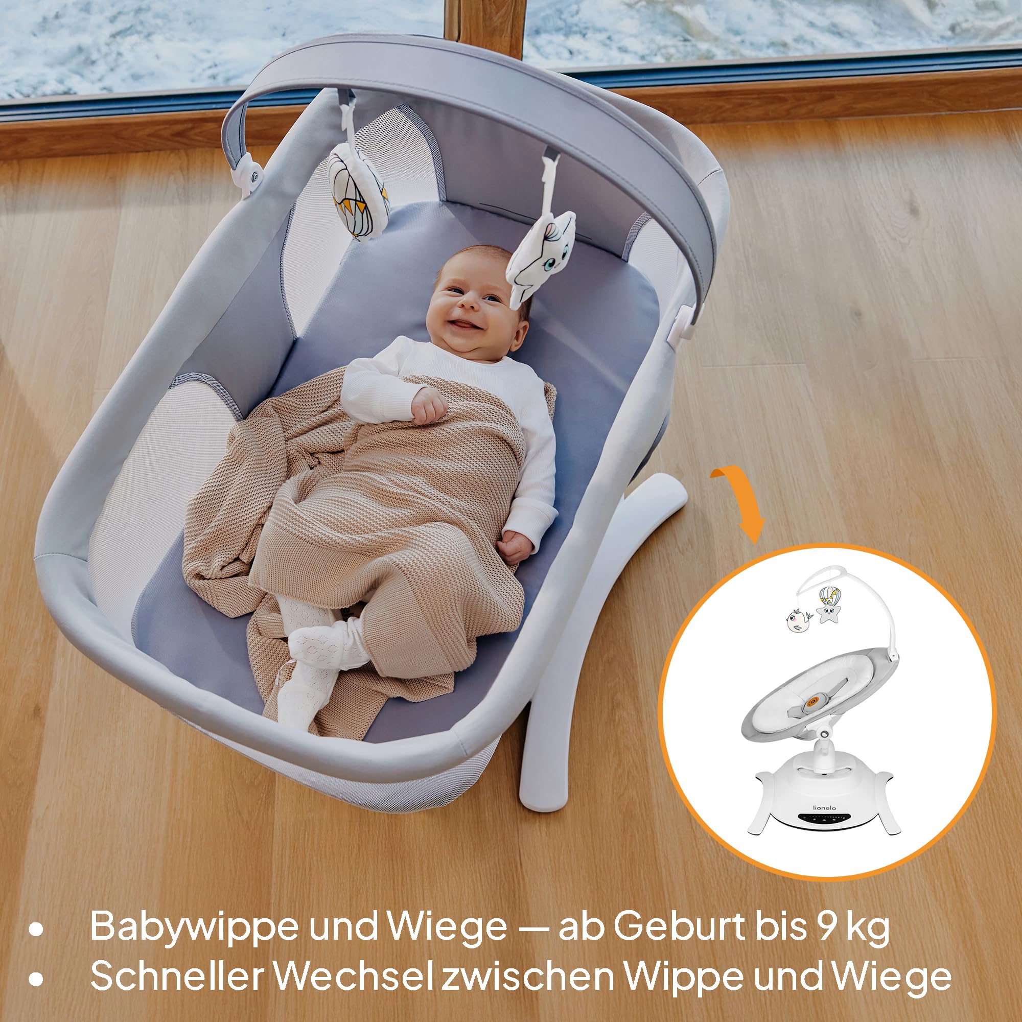 LIONELO Bella Set 2-in-1 Elektrische Babywippe mit Babywanne 360o für Babys bis 9 kg, verstellbare Rückenlehne, 5 Schaukelgeschwindigkeiten Anti-Rutsch Sicherheitsgurt