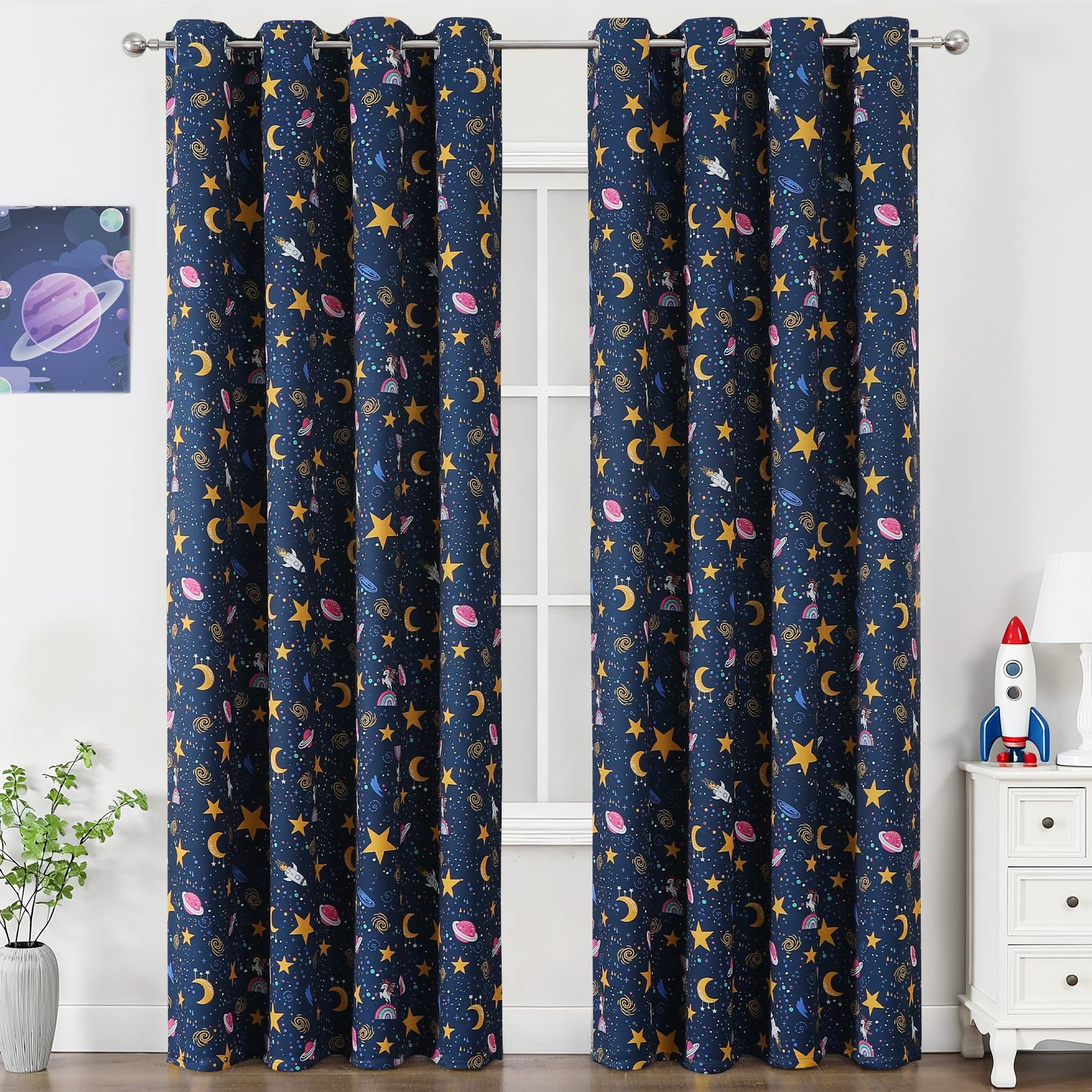 VEHEDE Large Star Blackout Curtains for Kids Bedroom Navy Blue Unicorn Theme Decor Room Darkening Eyelet Black Out DrapesThermal Insulated Window Treatment W52 x L96 Inch