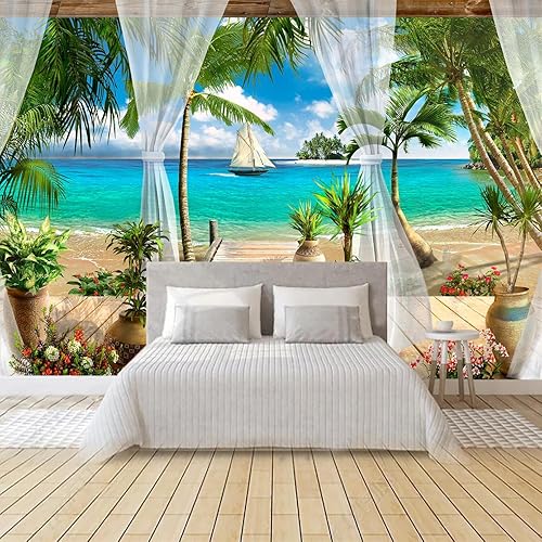 WFBHUA -Mural de pared Tropical Beach Palm Tree Papel tapiz para balcón, ventana, paisaje marino, papel tapiz para baño, sala de estar, dormitorio