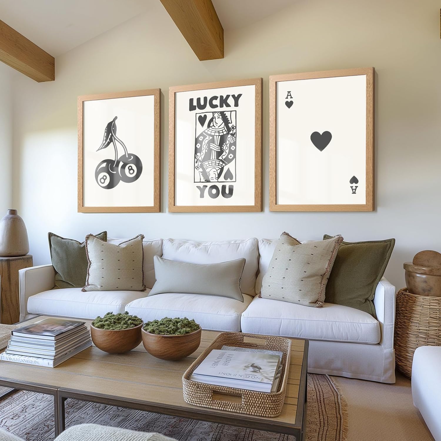 Poker Wall Art Set of 3 Framed Posters - 12x16 Inch Queen of Hearts Print, Lucky You Retro Decor for Game Room, Man Cave, Bar Wall Decor, Farmhouse Vintage Style with Pre-Installed Hanging Hardware(Brown)