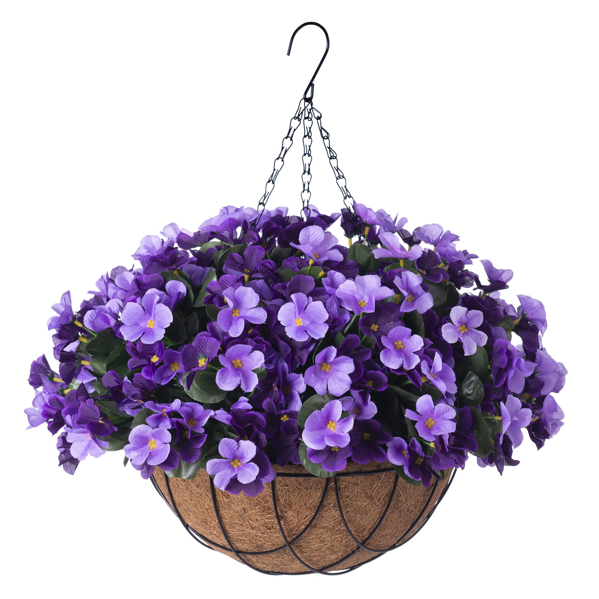 artificial hanging flowers with 12" basket for outdoor decor,fake hydrangea uv resistant arrangements in pot planter spring decor for indoor porch garden yard(double violet)