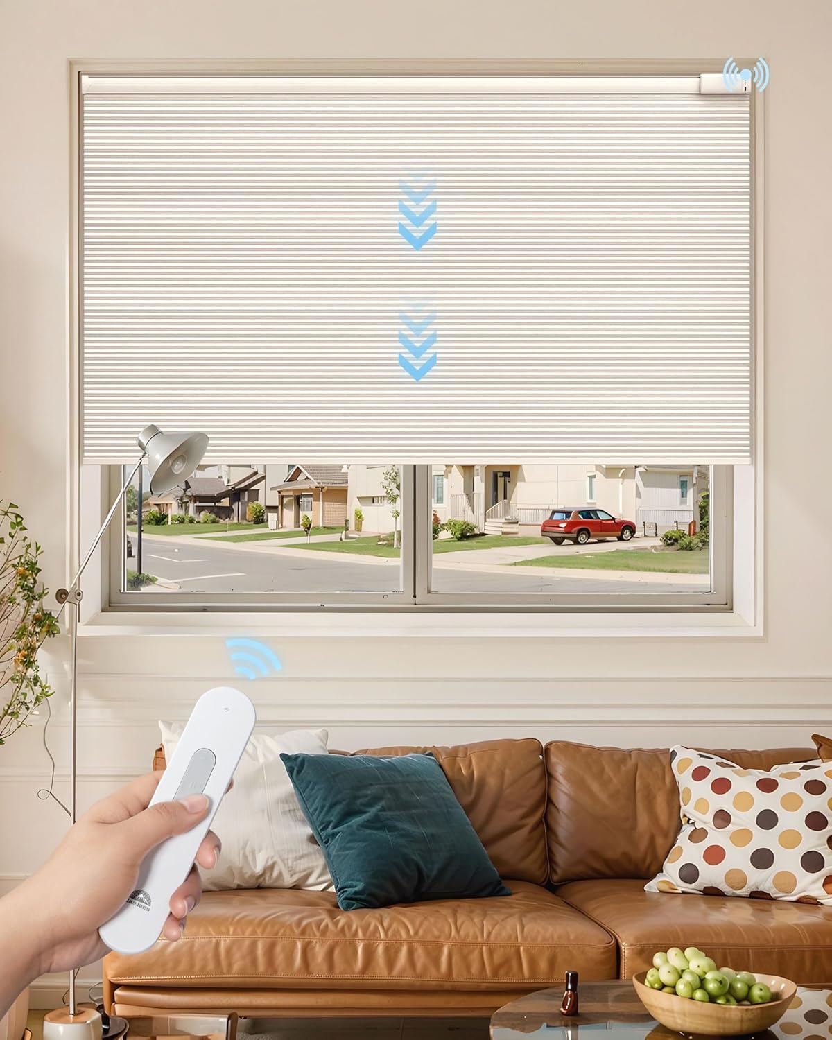 Motorized Cellular Shades with Remote Control, Rechargeable Blackout Smart Shades for Windows Cordless Honeycomb Blinds for Home, 26″ W x 64″ H, White
