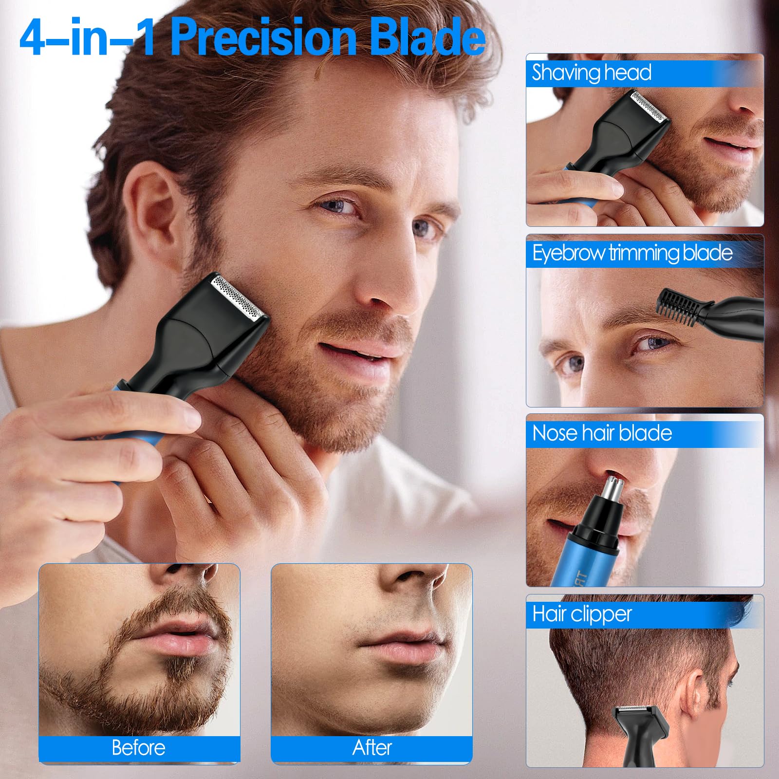 2025 Pro: Recortadora facial recargable 4 en 1 para patillas, nariz, cejas y ojos. Pantalla LED, motor potente, cuchillas lavables. Compacto, hombre y mujer, perfecto para el hogar, viajes