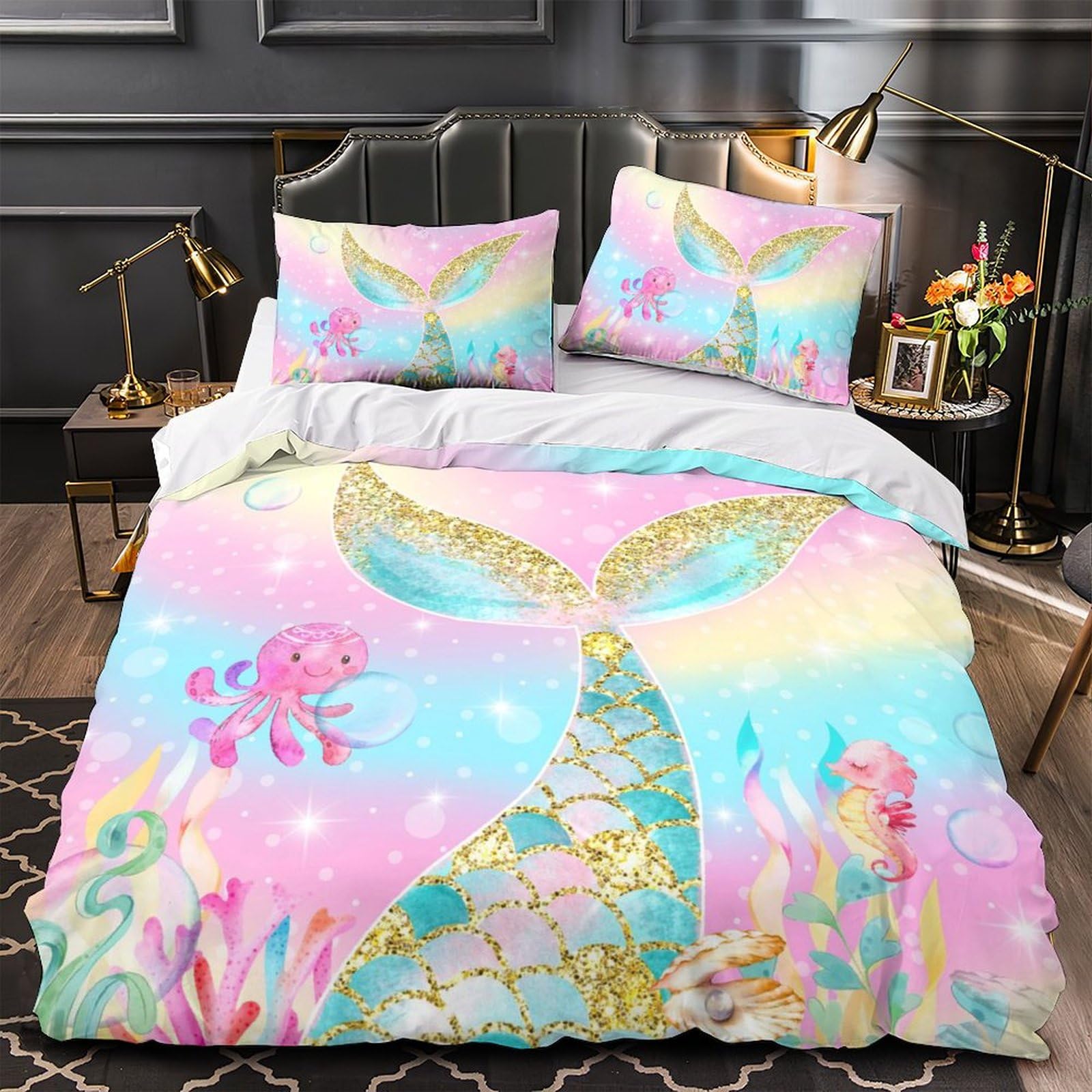 HAVOP Mermaid Duvet Cover Set Double Size Girls Bedding Set Pink Sparkle Tail Quilt Cover Set Soft Microfiber Comforter Cover Set including Pillowcases Kids Girls Bedding Set - Image 2