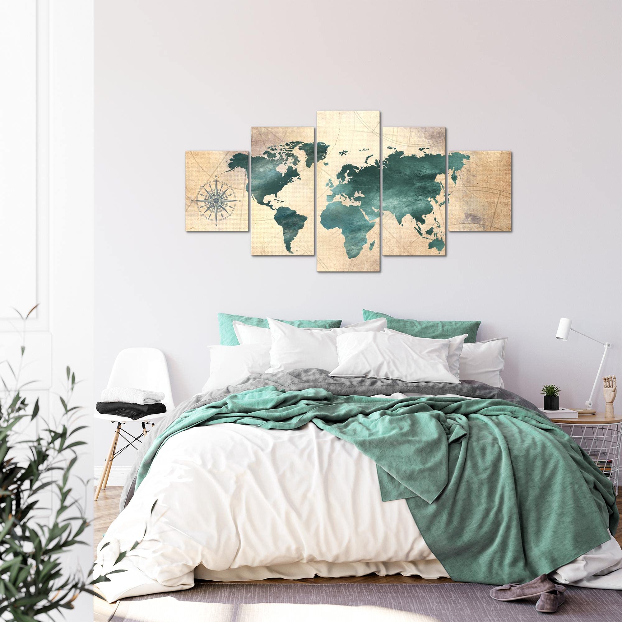 Runa Art - Quadri Mappa Del Mondo 200 x 100 cm 5 Pezzi XXL Decorazione Murale Design Verde Marrone 026051a