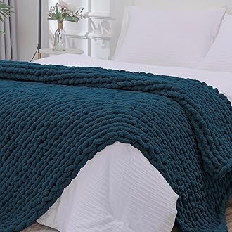 Bigacogo Chunky Knit Blanket Throw 40"x80", 100% Hand Knitted Chenille Throw Blanket, Big Soft Thick Yarn Cable Knit Blanket, Large Rope Knot Crochet Throw Blankets for Couch Bed Sofa (Deep Sea Blue)