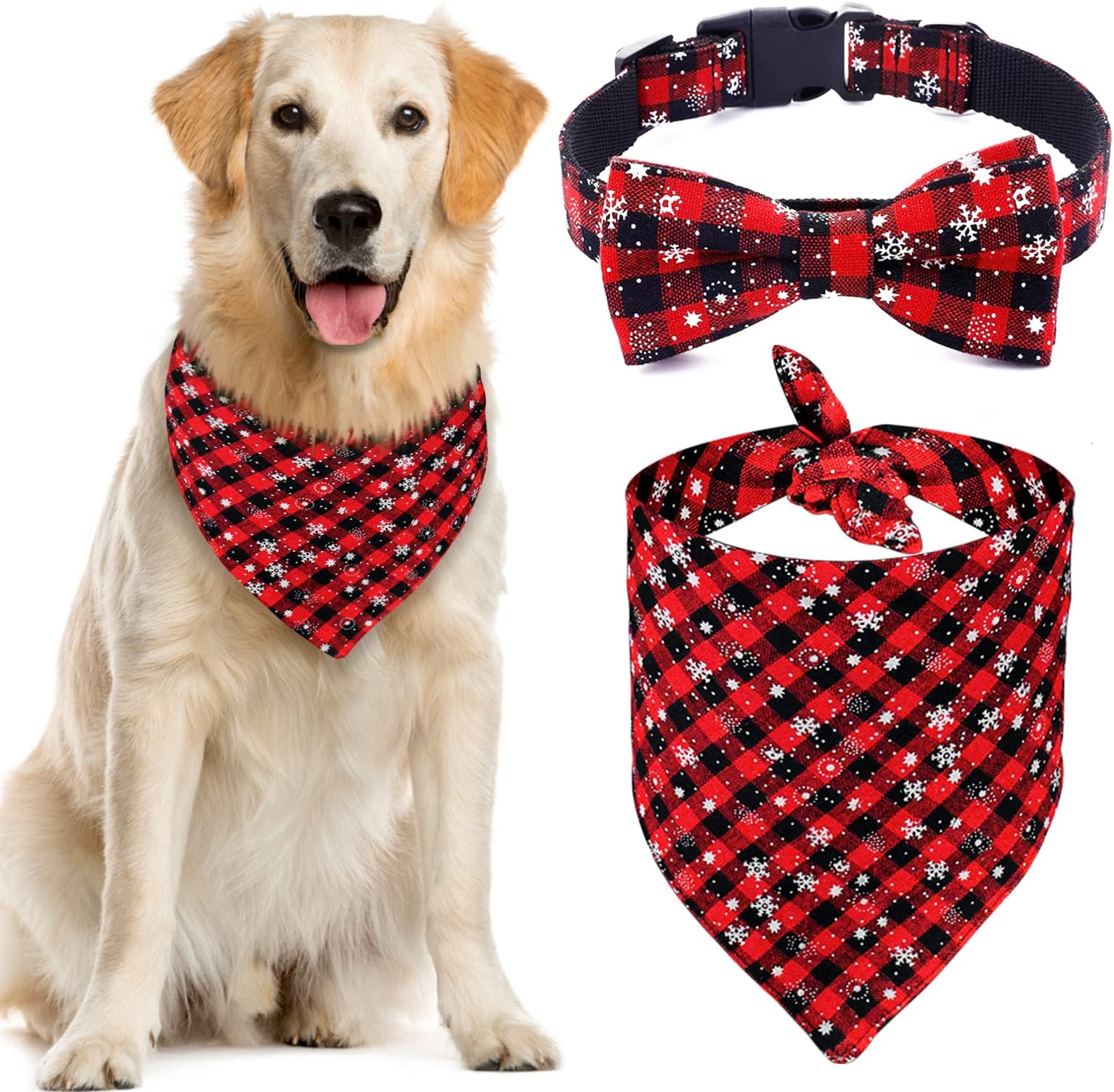 Malier Dog Bandana and Collar Set Pet Christmas Classic Plaid Snowflake Dog Scarf Triangle Bibs Kerchief Adjustable Collars with Bow Tie Pet Costume for Cats Dogs Pets (Small)