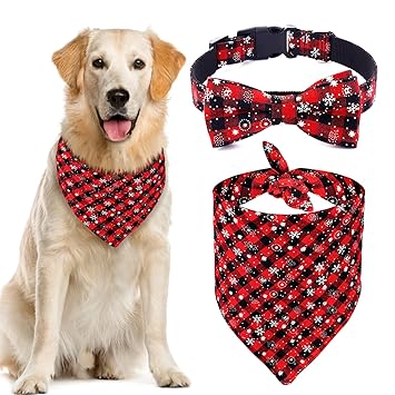 Malier Dog Bandana and Collar Set Pet Christmas Classic Plaid Snowflake Dog Scarf Triangle Bibs Kerchief Adjustable Collars with Bow Tie Pet Costume Accessories Decoration for Cats Dogs Pets (Large)