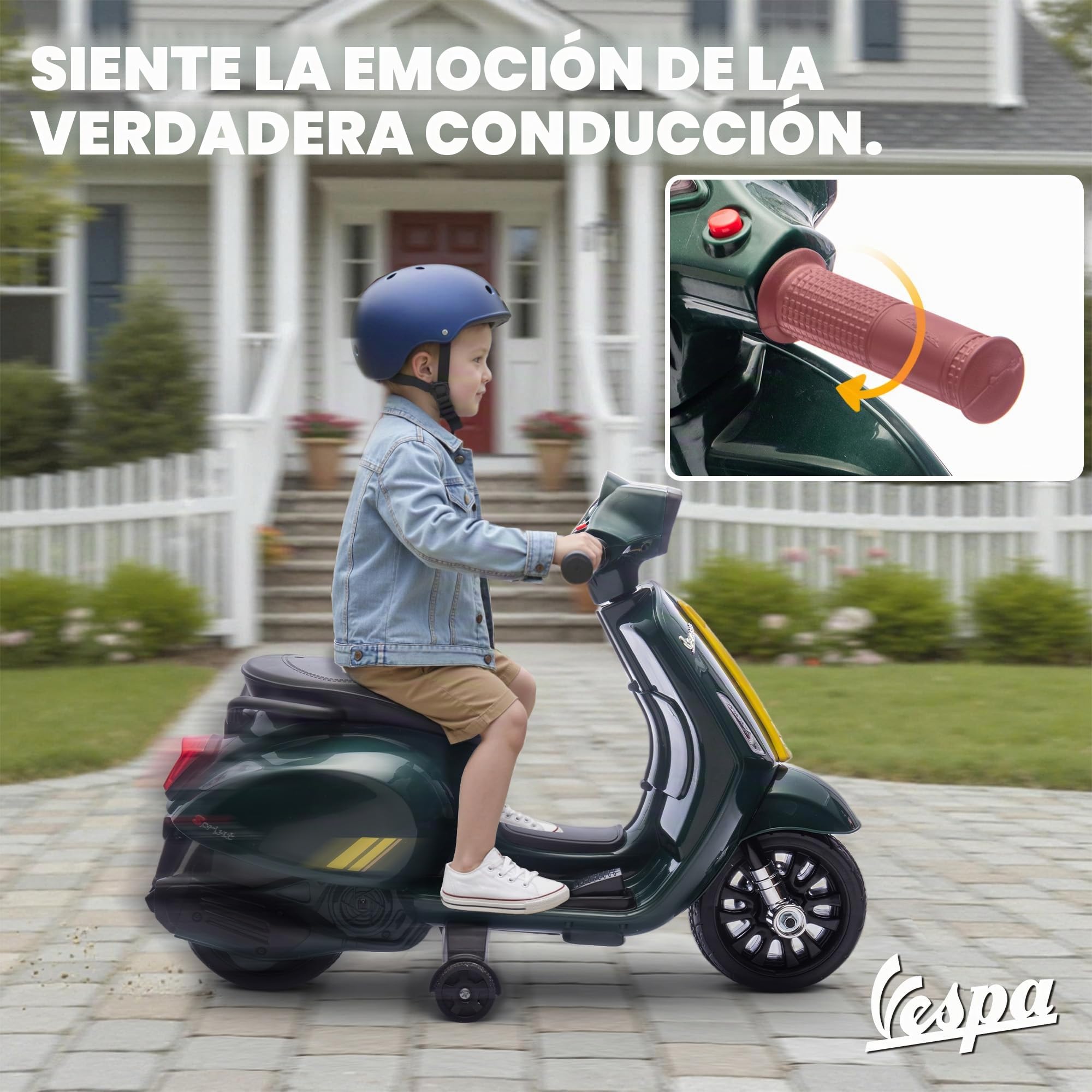 AIYAPLAY Moto Eléctrica para Niños 6V, Vespa con Licencia Oficial, con Ruedas de Aprendizaje de 17,5 cm, Velocidad 2,5 km/h, Faro y Bocina, para 2-6 Años, Verde Oscuro