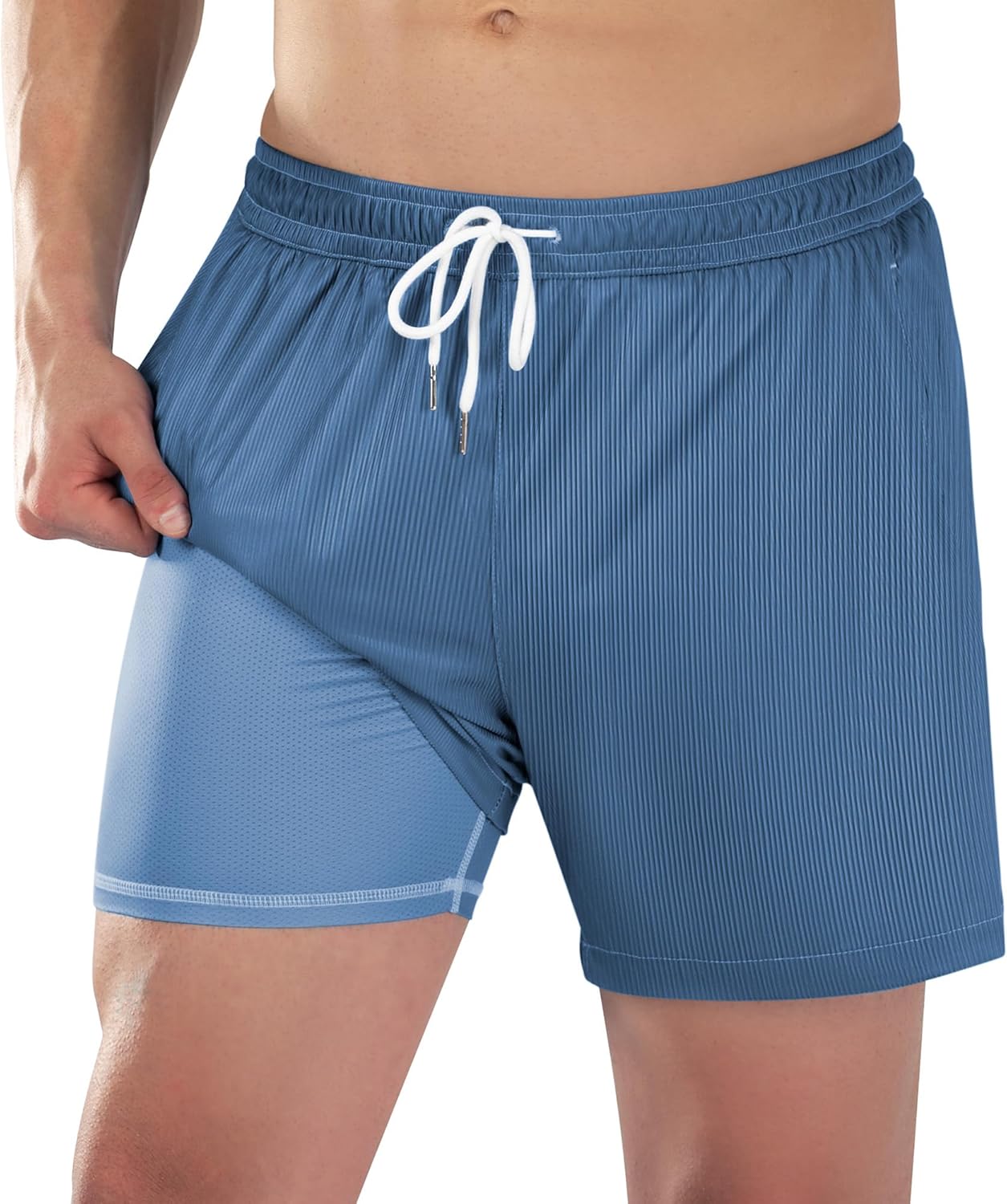 Mens Swim Trunks with Compression Liner 5 inch Textured Ribbed 4 Way Stretch Mens Bathing Suits Beach Short Swimsuit