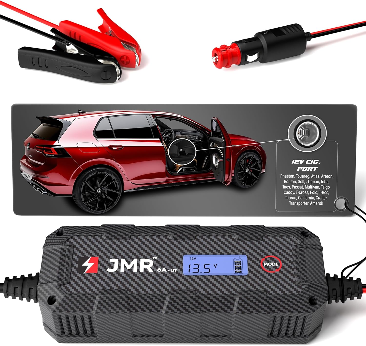 JMR Battery Charger for Volkswagen Phaeton Touareg Atlas Arteon Routan Golf Tiguan Jetta Taos Passat Multivan Taigo All Models Charge Maintainer Conditioner (Add Lithium Mode)