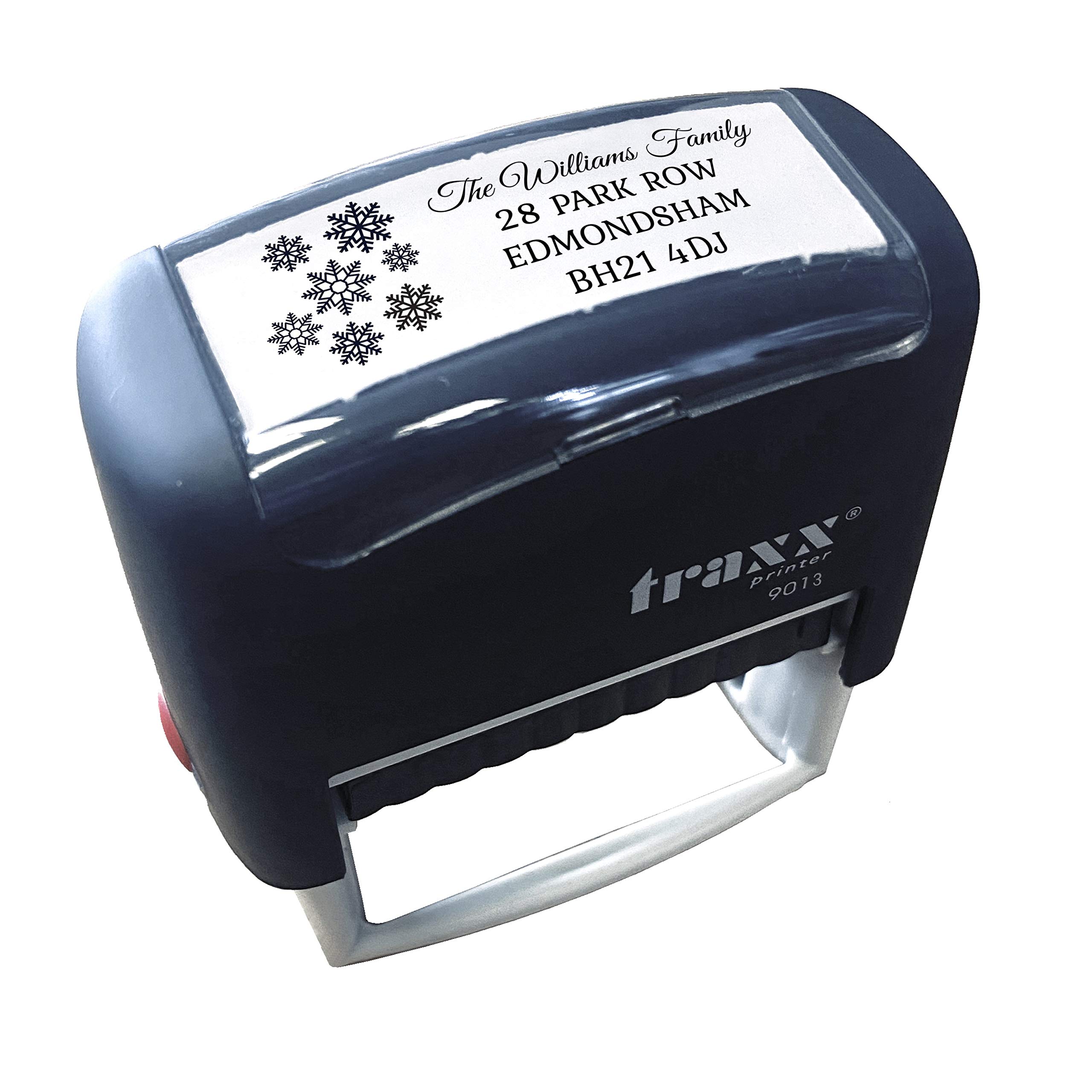 Traxx 9013 Personalised Christmas Self Inking Rubber Stamp - Snowflakes Print with 4 Lines of Customised Text in Black Ink