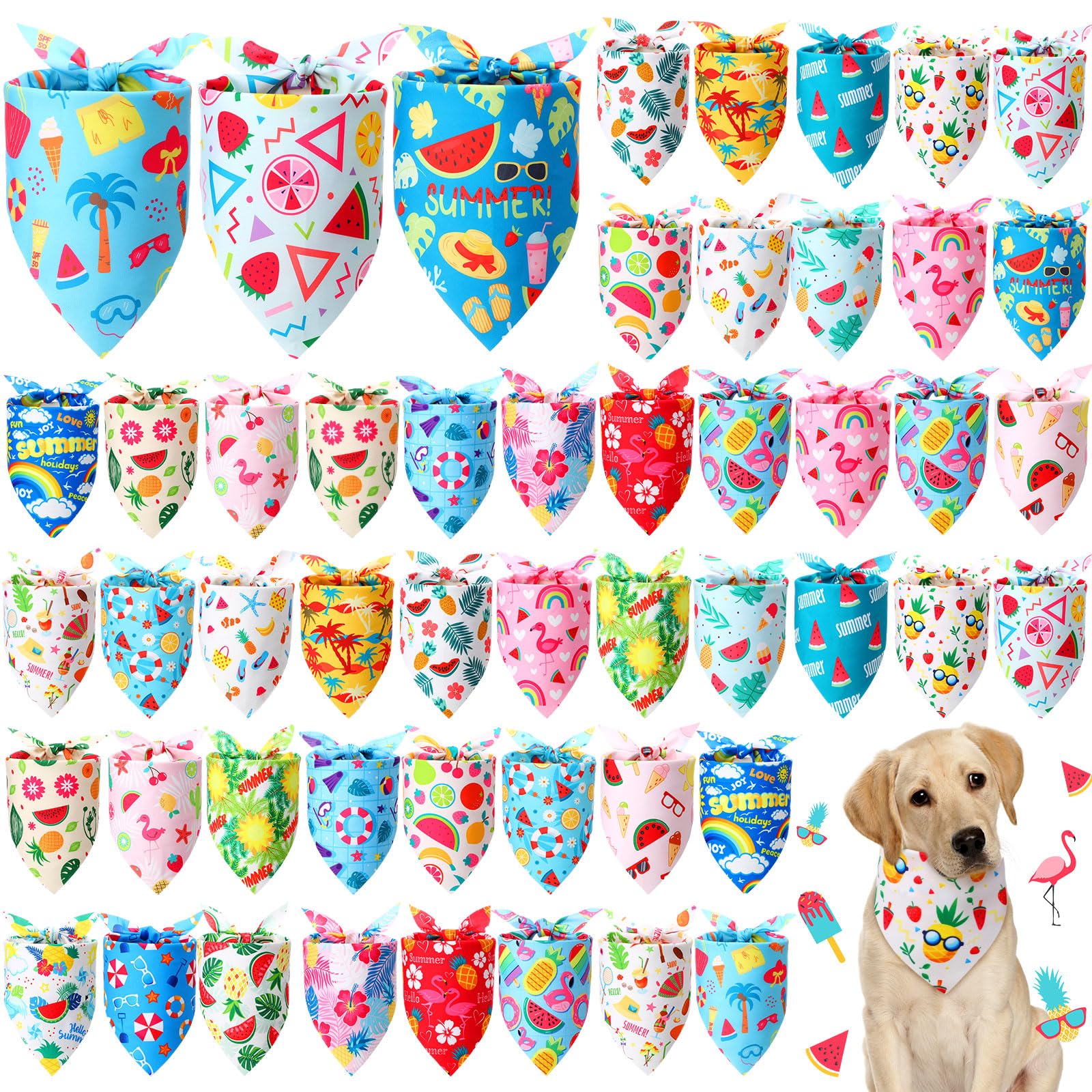 Preboun 50 Pcs Summer Bandanas Dogs Bulk Hawaiian Dog Bandanas Fruit Kerchief Set for Summer Puppy Small Medium Large Pets Costume Accessories (31. 5