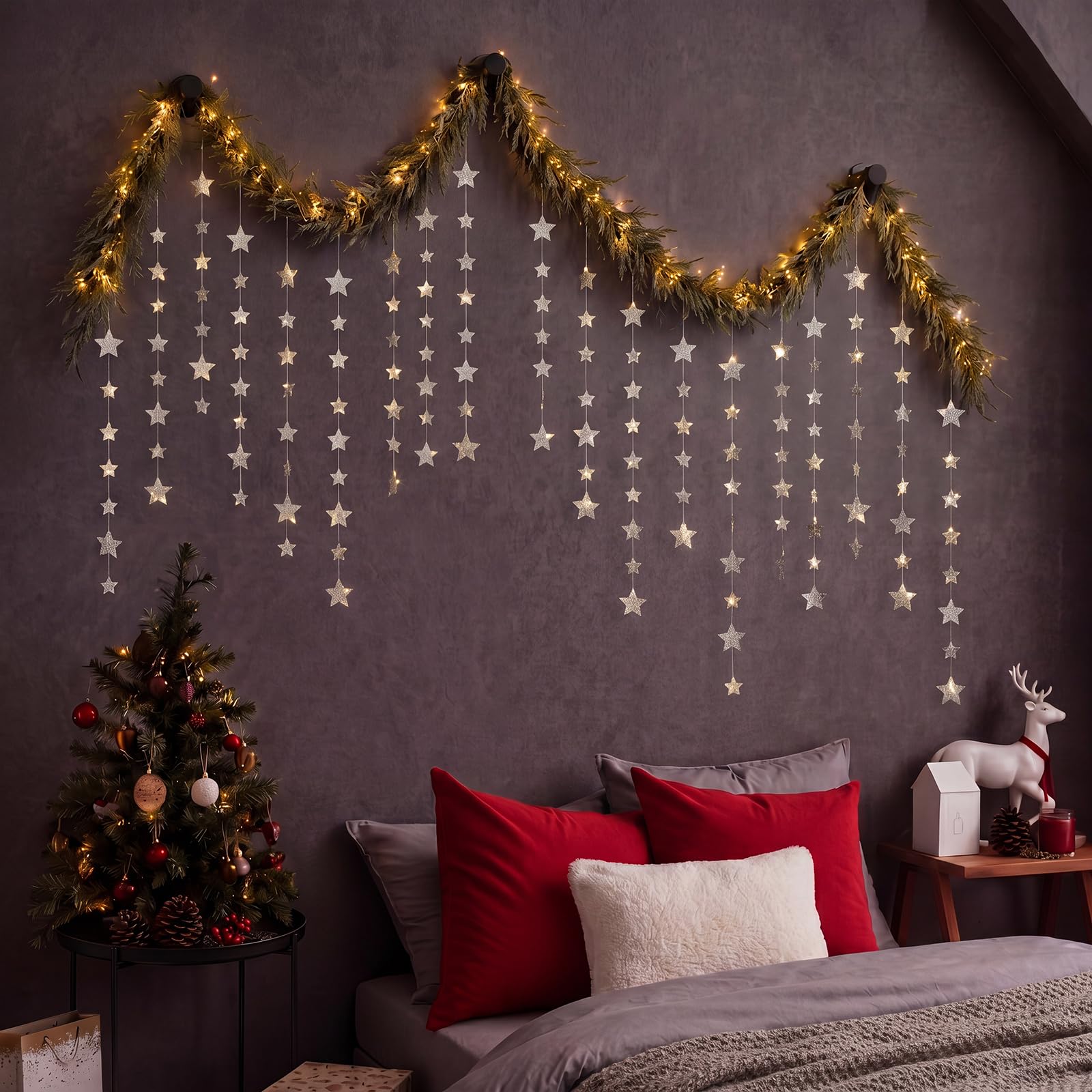 Dingion Weihnachtsgirlande mit Lichtern, Weihnachtstreppen-Dekor-Set, 4 m, Glitzerstern-Banner, batteriebetrieben, LED-beleuchtete Girlande für Weihnachten, Heimdekoration, Innentreppen, Geländer