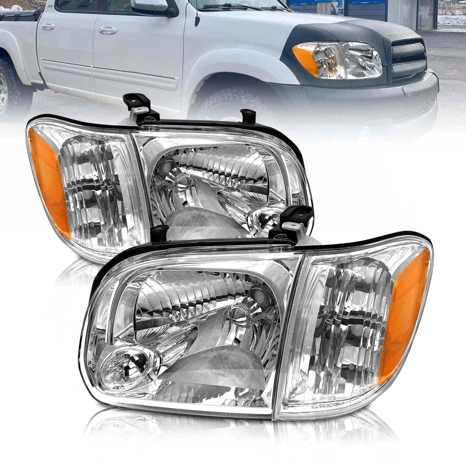 2005-2006 Tundra Headlights Assembly for 2005-2006 Toyota Tundra / 2005-2007 Sequoia Chrome Housing Amber Reflector Replacement Driver and Passenger Side