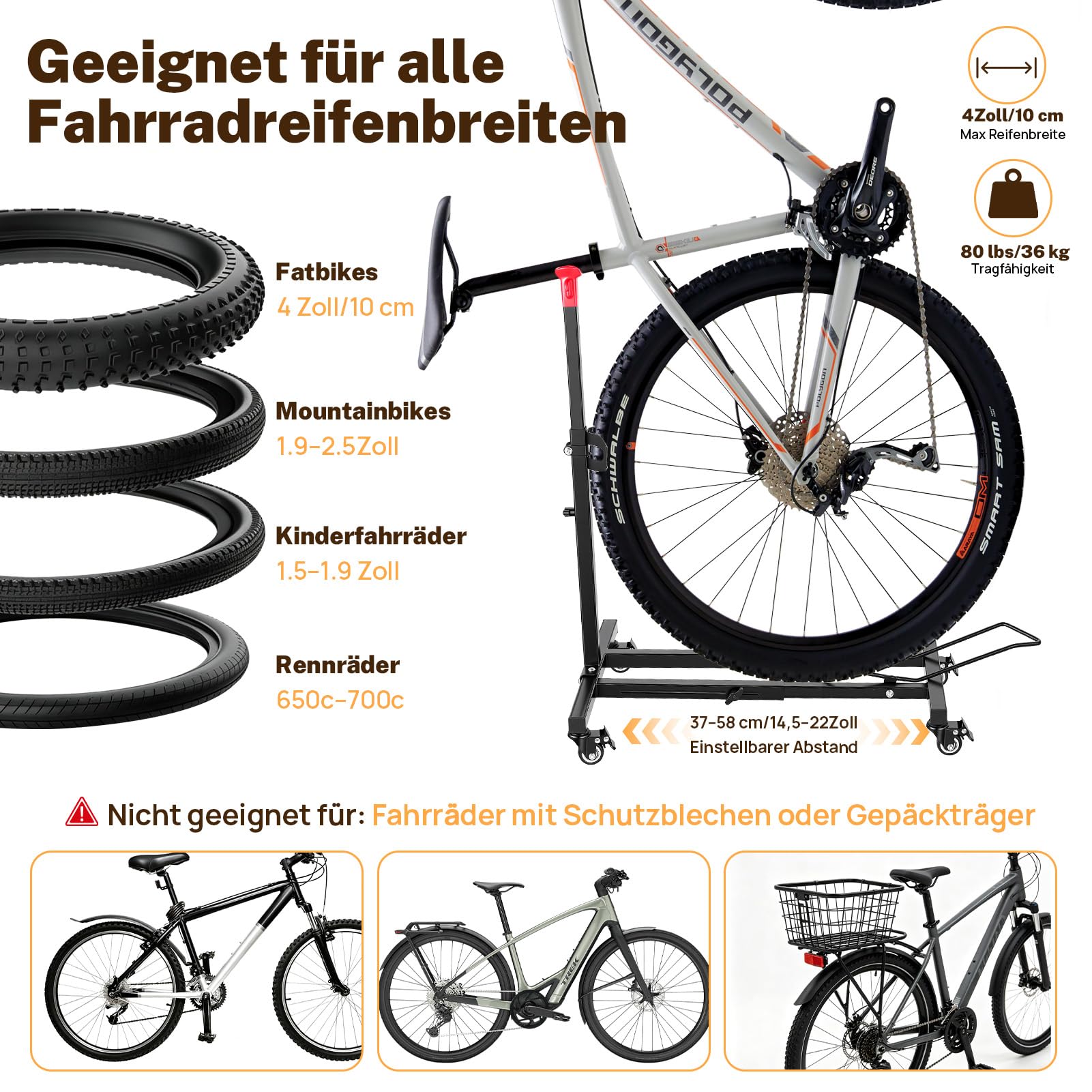 Fahrradständer Boden – Stand-Parkständer mit 360° Lenkrollen,ohne Bohren,verstellbar, bis 36 kg – Fahrradhalterung für Rennrad, MTB,Kinderrad – platzsparende Radständer für Garage & Wohnung.