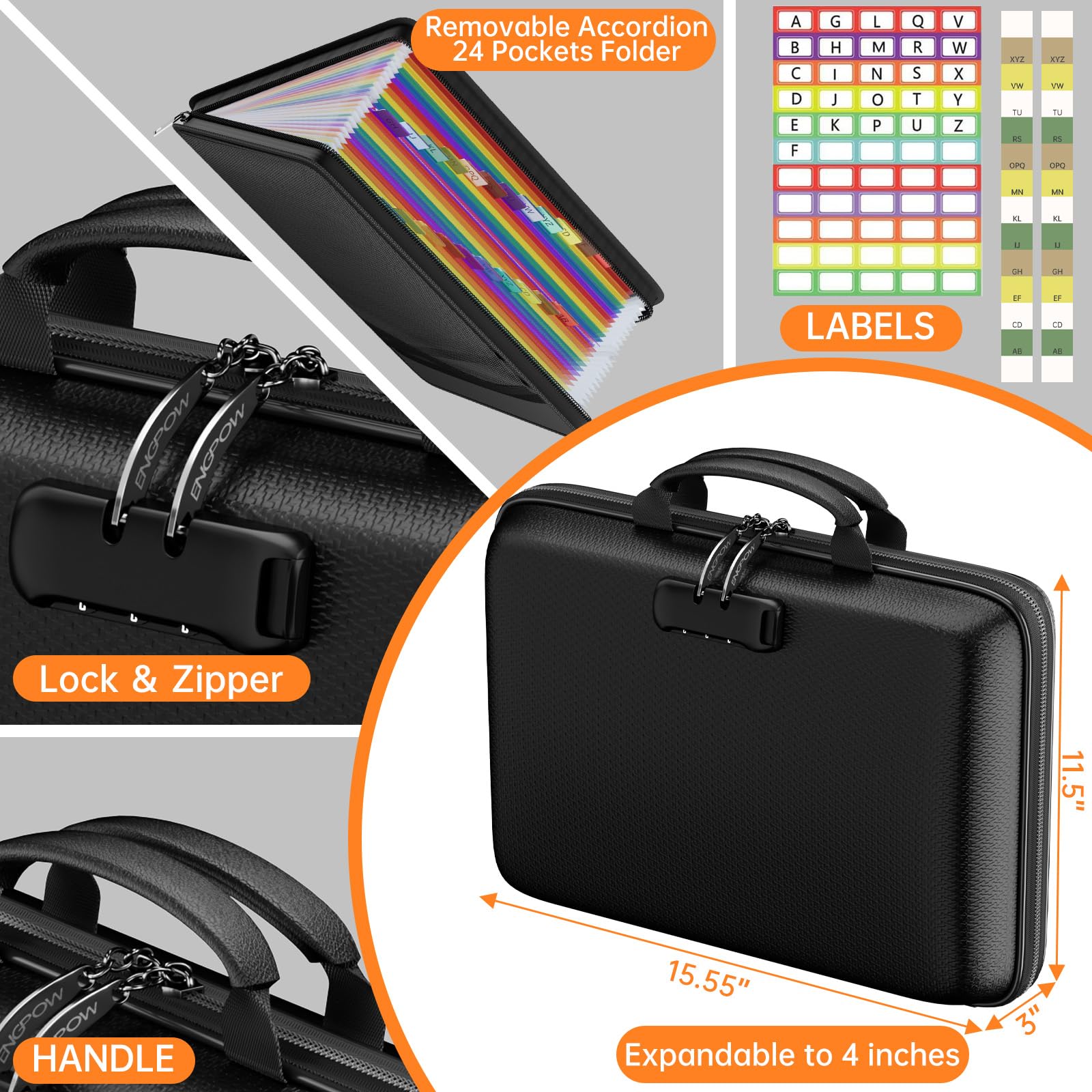 Cartella portadocumenti ignifuga, custodia rigida con serratura, 25 tasche espandibili, organizer portatile impermeabile, cartella portadocumenti per documenti A4, banconote, ricevute