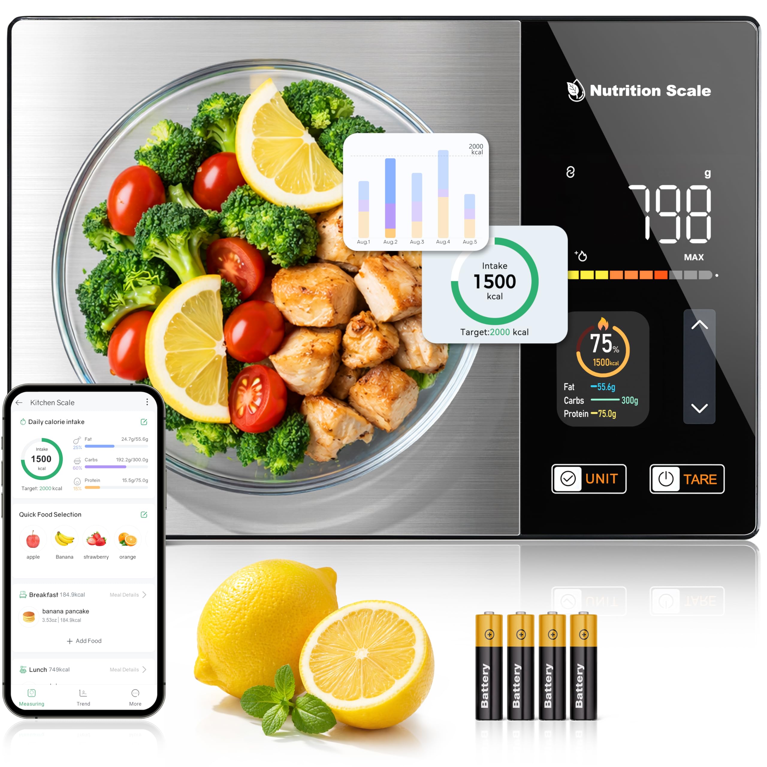 Bilancia intelligente per alimenti con calcolatrice nutrizionale, bilancia calorie per dimagrire, selezione rapida degli alimenti e monitoraggio dei 23 nutrienti, display a colori con 5 unità