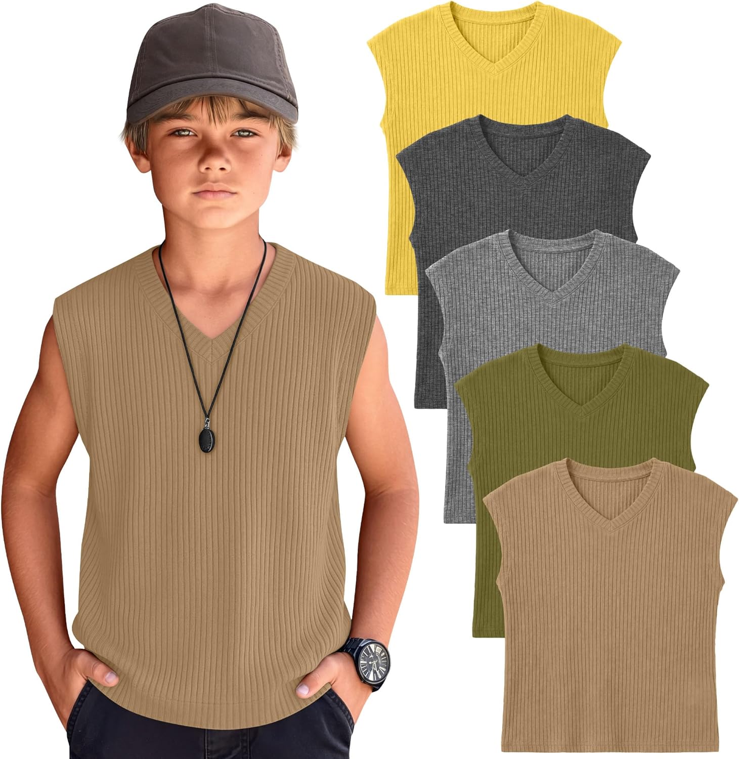 Xaatren 5 Pack Boys Ribbed Tank Tops Cap Sleeve V Neck Loose Fit Shirts Kids Athletic Basic Undershirts 5-14 Years