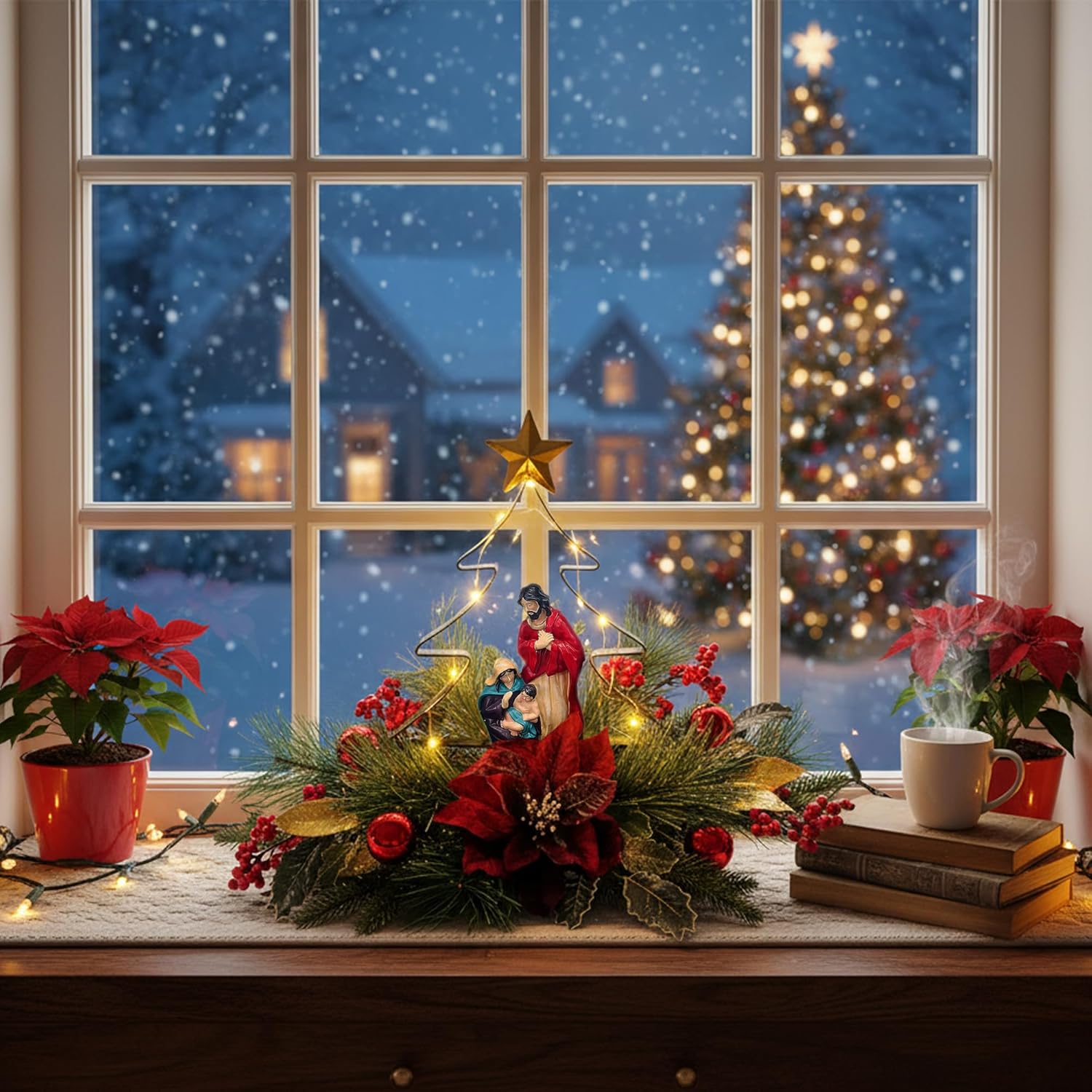 Eksen Nativity LED Christmas Tree Tabletop Centerpiece, Holy Family Christmas Decoration with Warm Lights, Red Poinsettia & Pine Accents for Holiday Home, Mantel or Dining Table Display(Red)