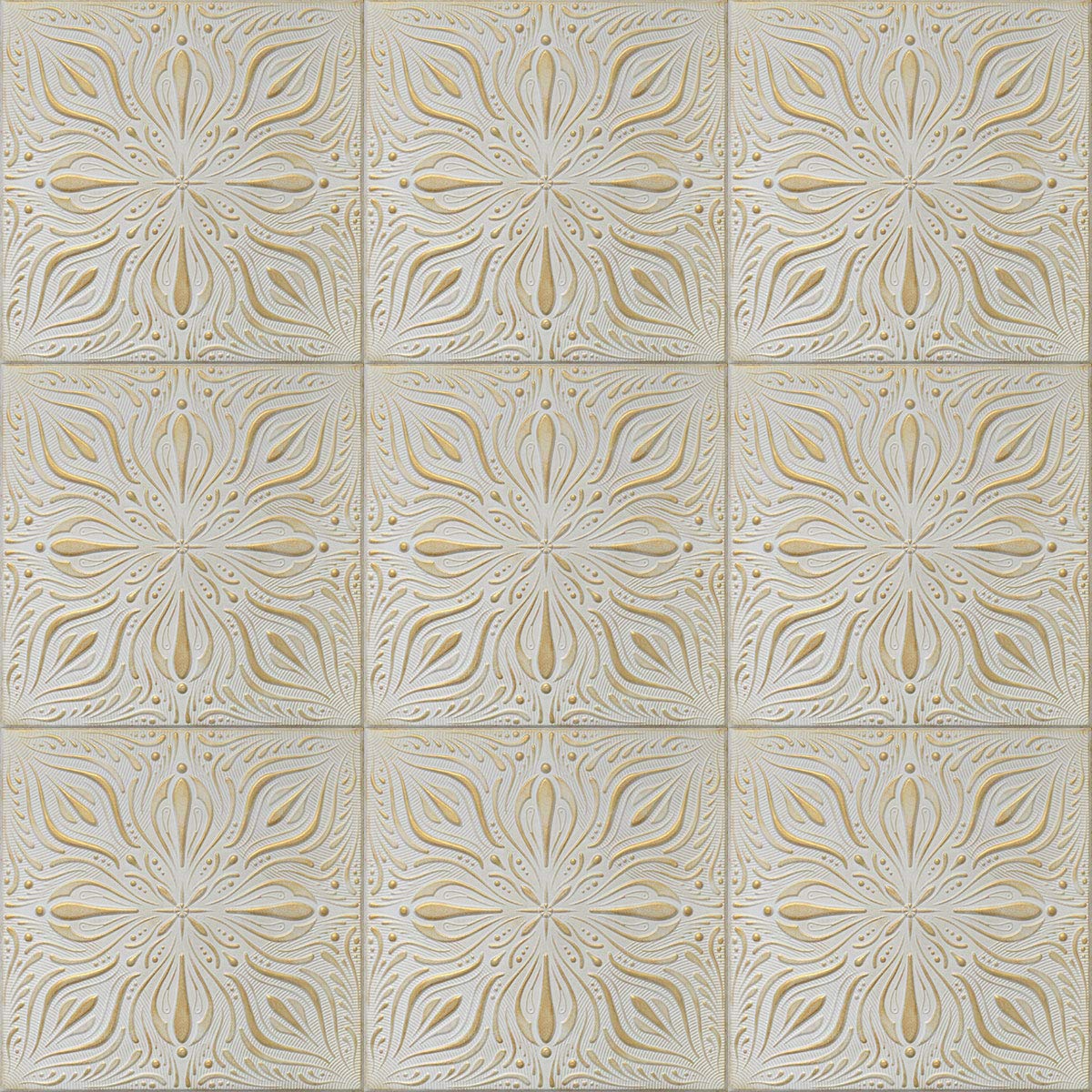 R9 White Satin Washed Gold 20x20 Amazing Styrofoam Tin Look Ceiling Tiles Easy to Glue Up On Any Type of Surface